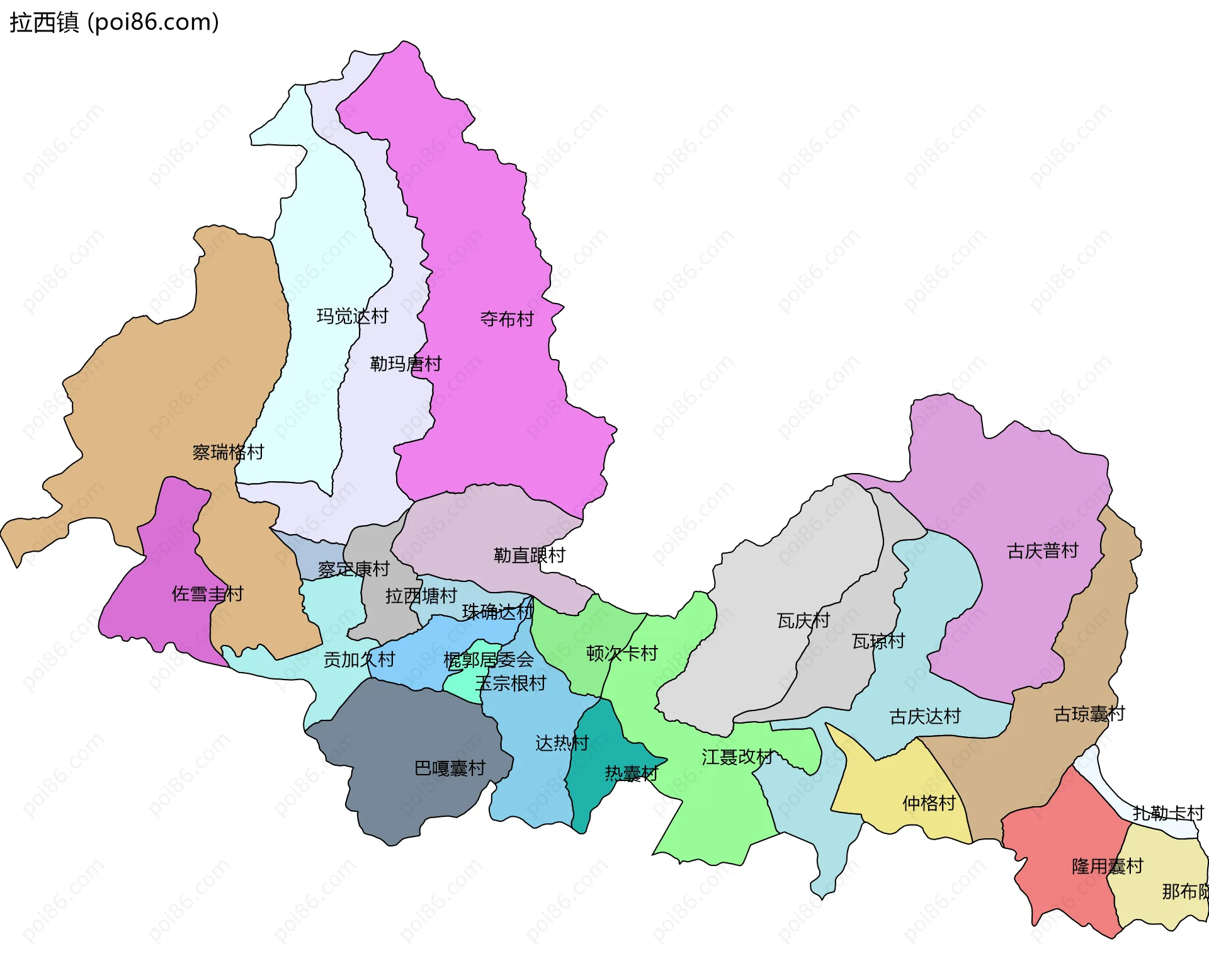拉西镇边界地图(五级行政区划)