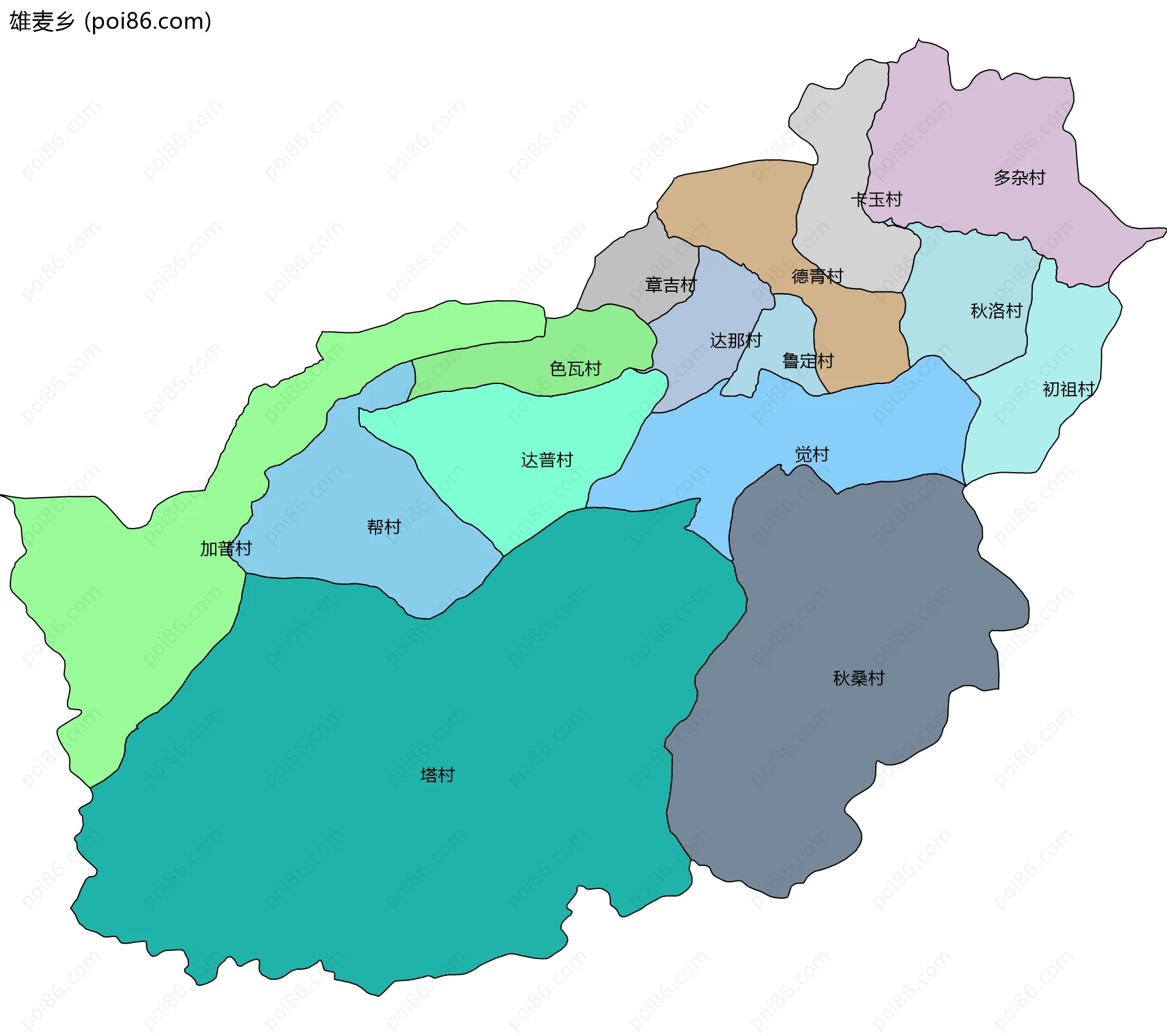 雄麦乡边界地图(五级行政区划)