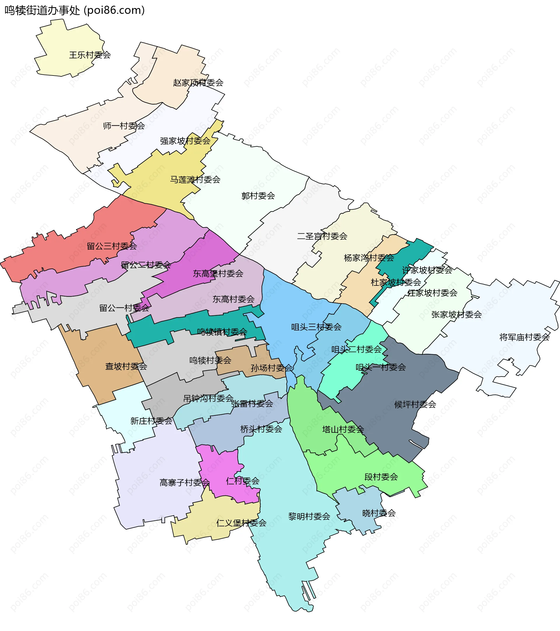 鸣犊街道办事处边界地图(五级行政区划)