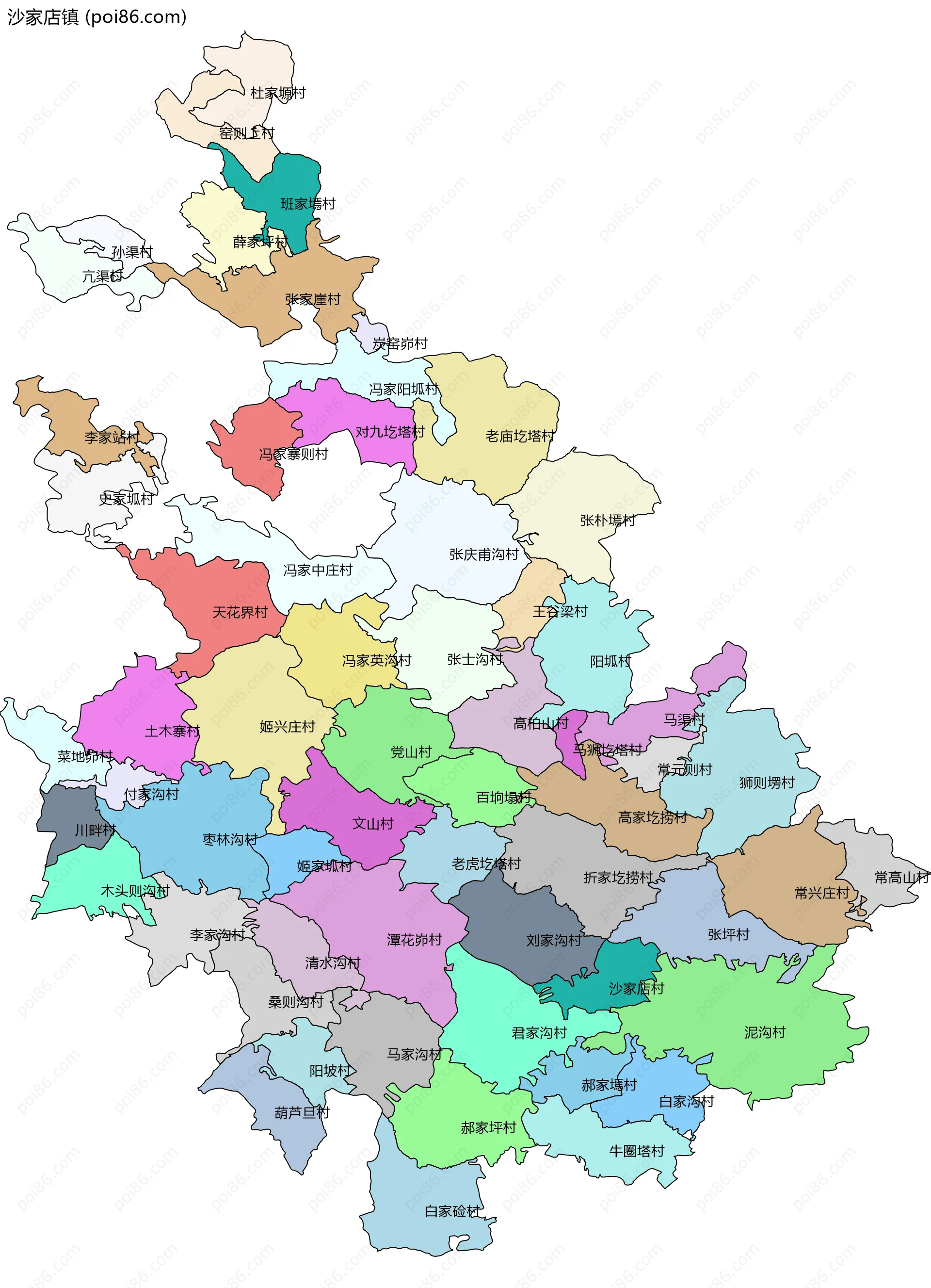 沙家店镇边界地图(五级行政区划)