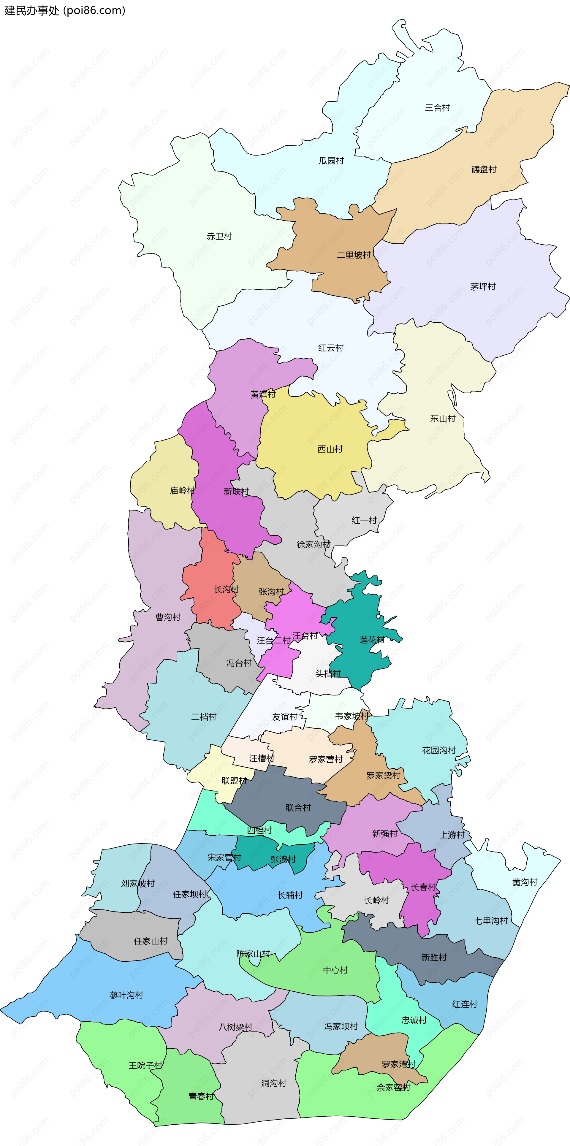 建民办事处边界地图(五级行政区划)