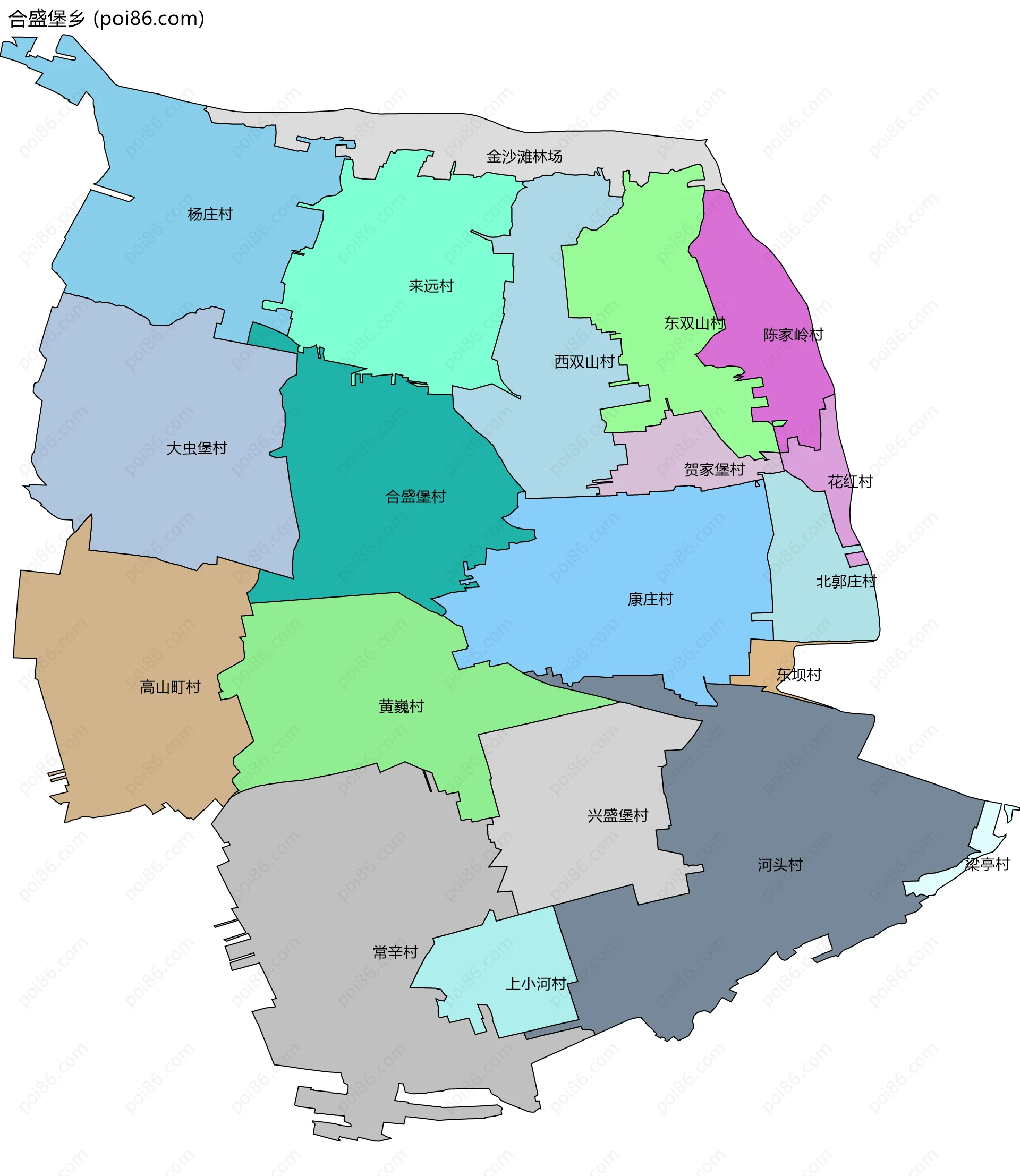 合盛堡乡边界地图(五级行政区划)