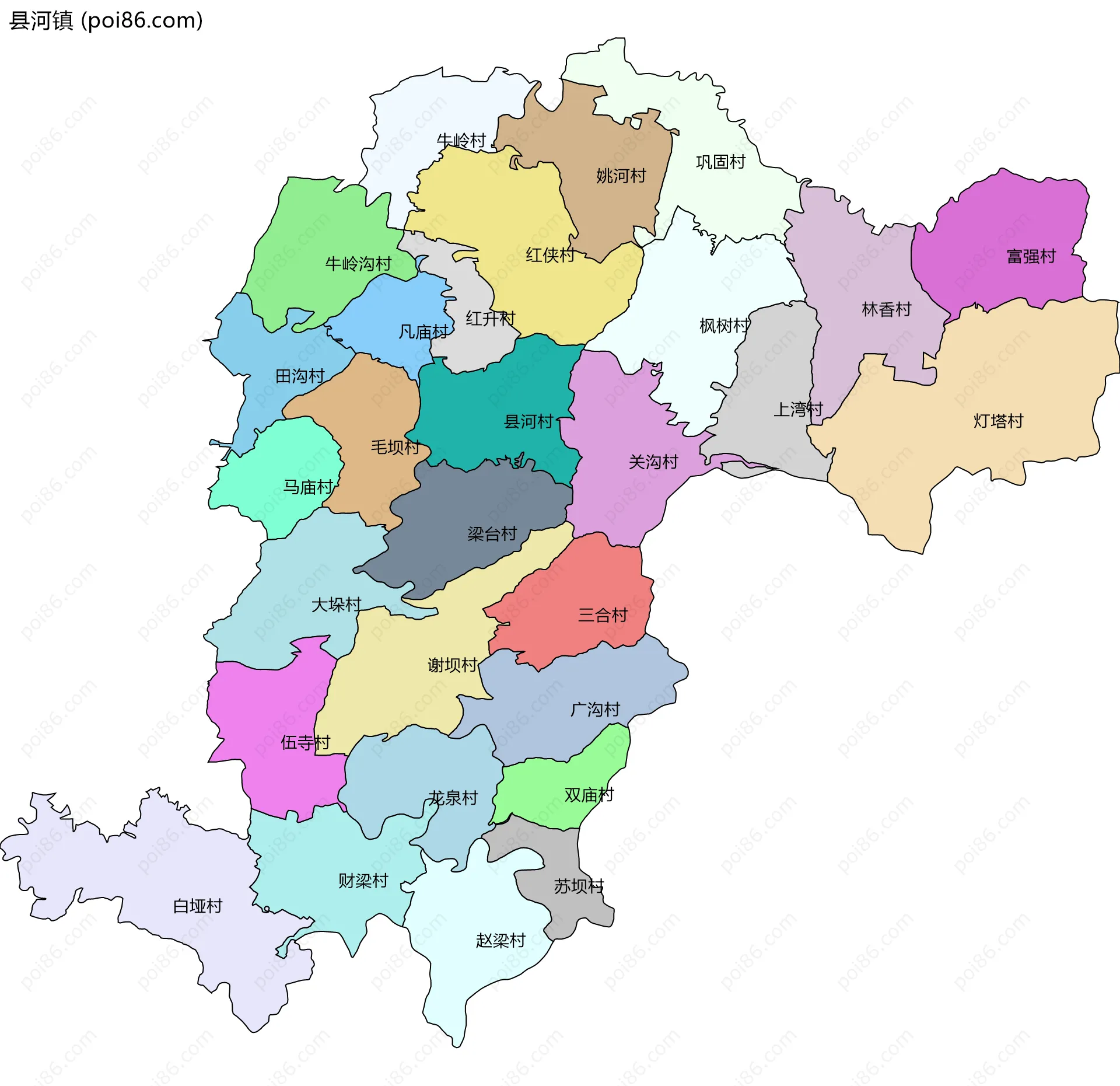 县河镇边界地图(五级行政区划)