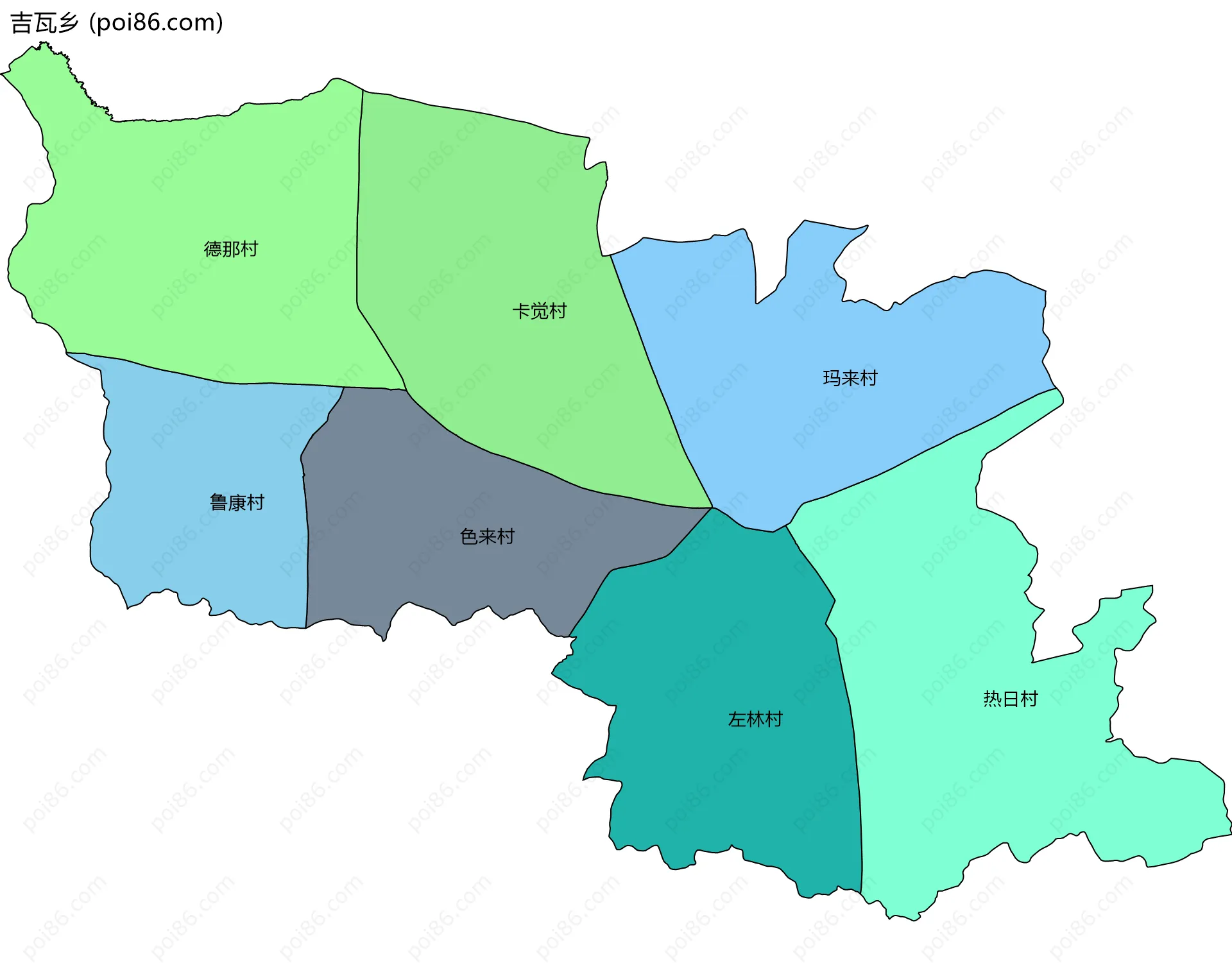 吉瓦乡边界地图(五级行政区划)