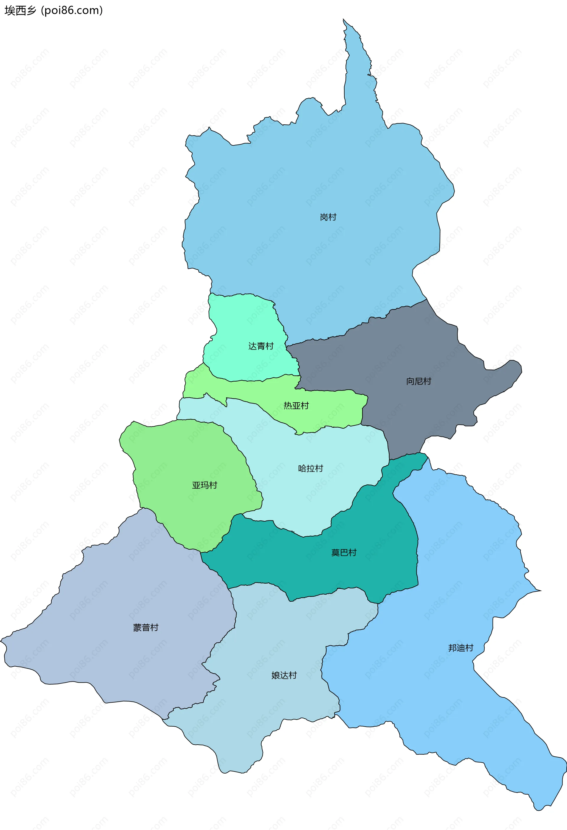 埃西乡边界地图(五级行政区划)