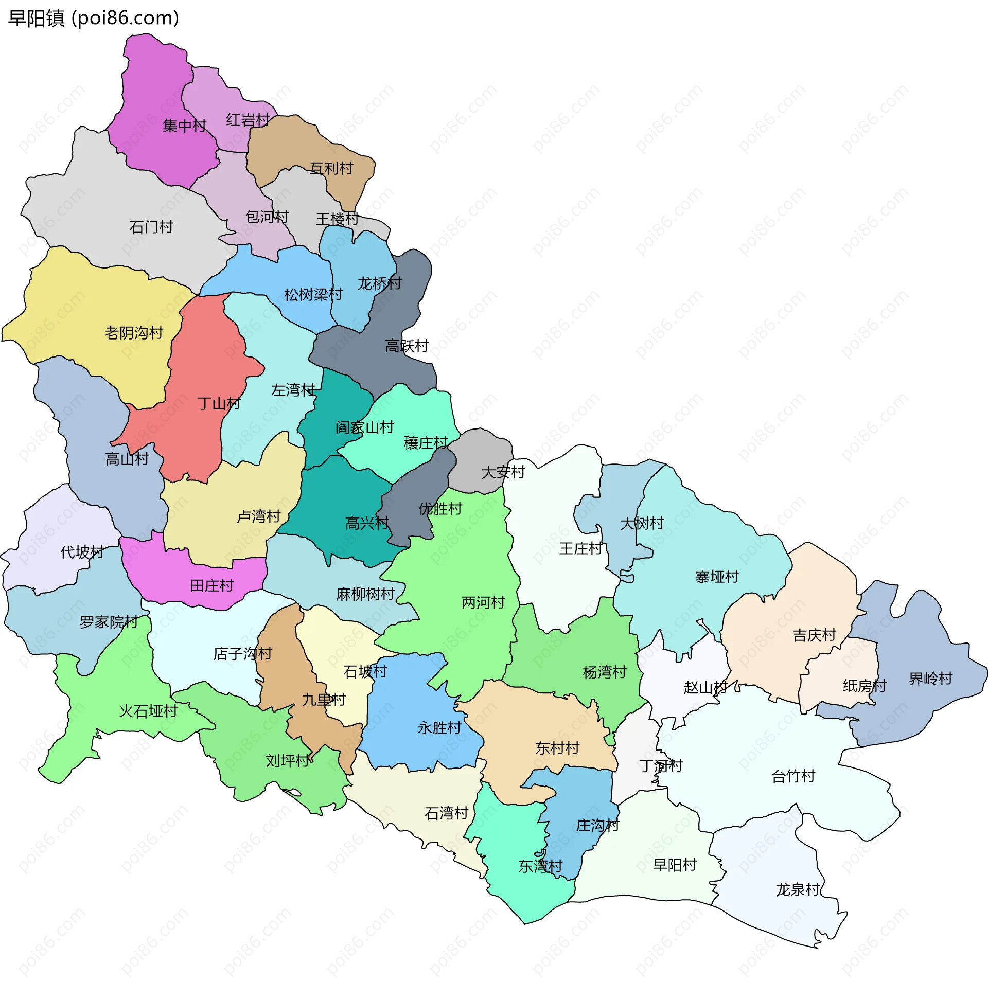 早阳镇边界地图(五级行政区划)