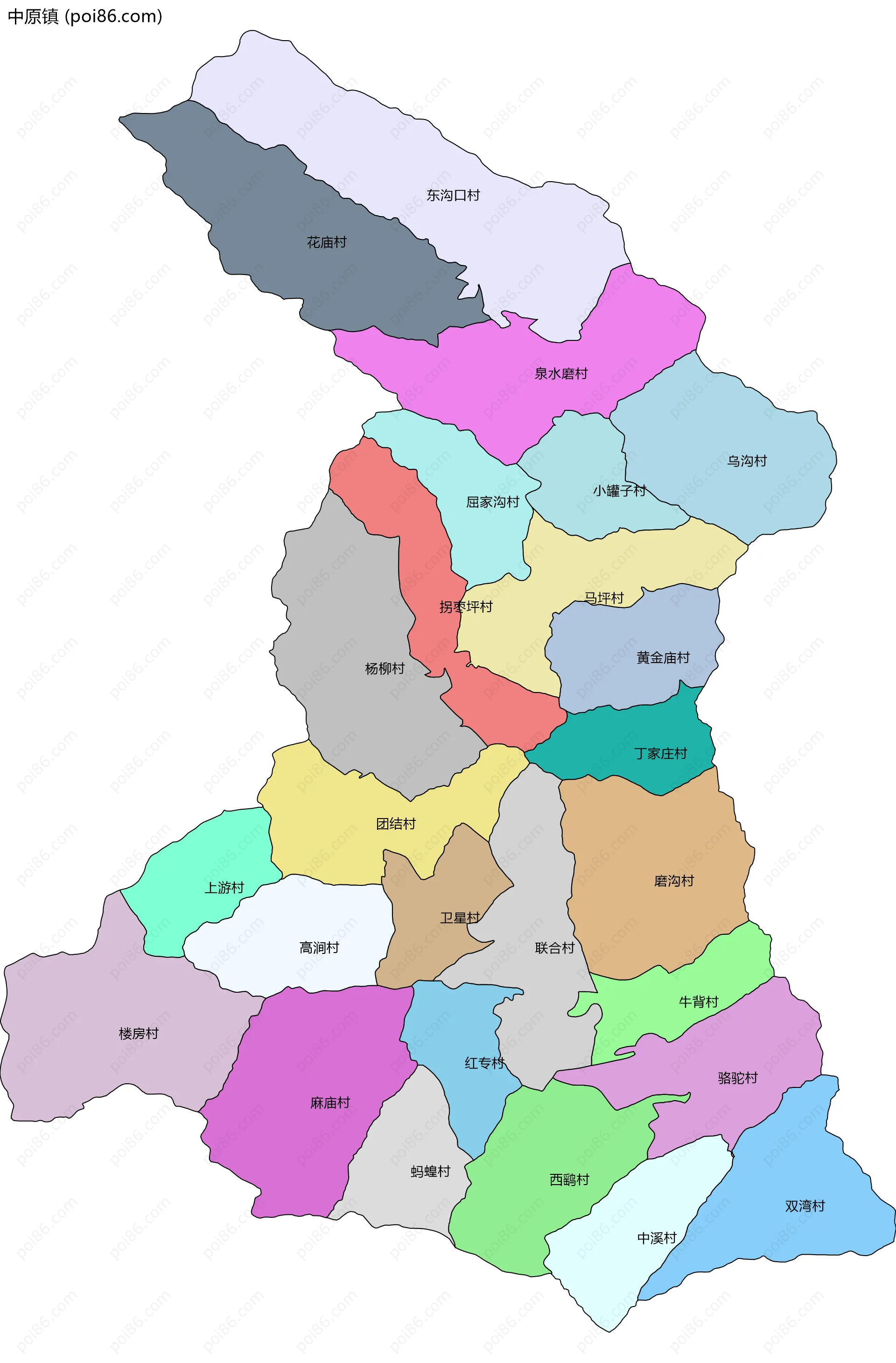 中原镇边界地图(五级行政区划)