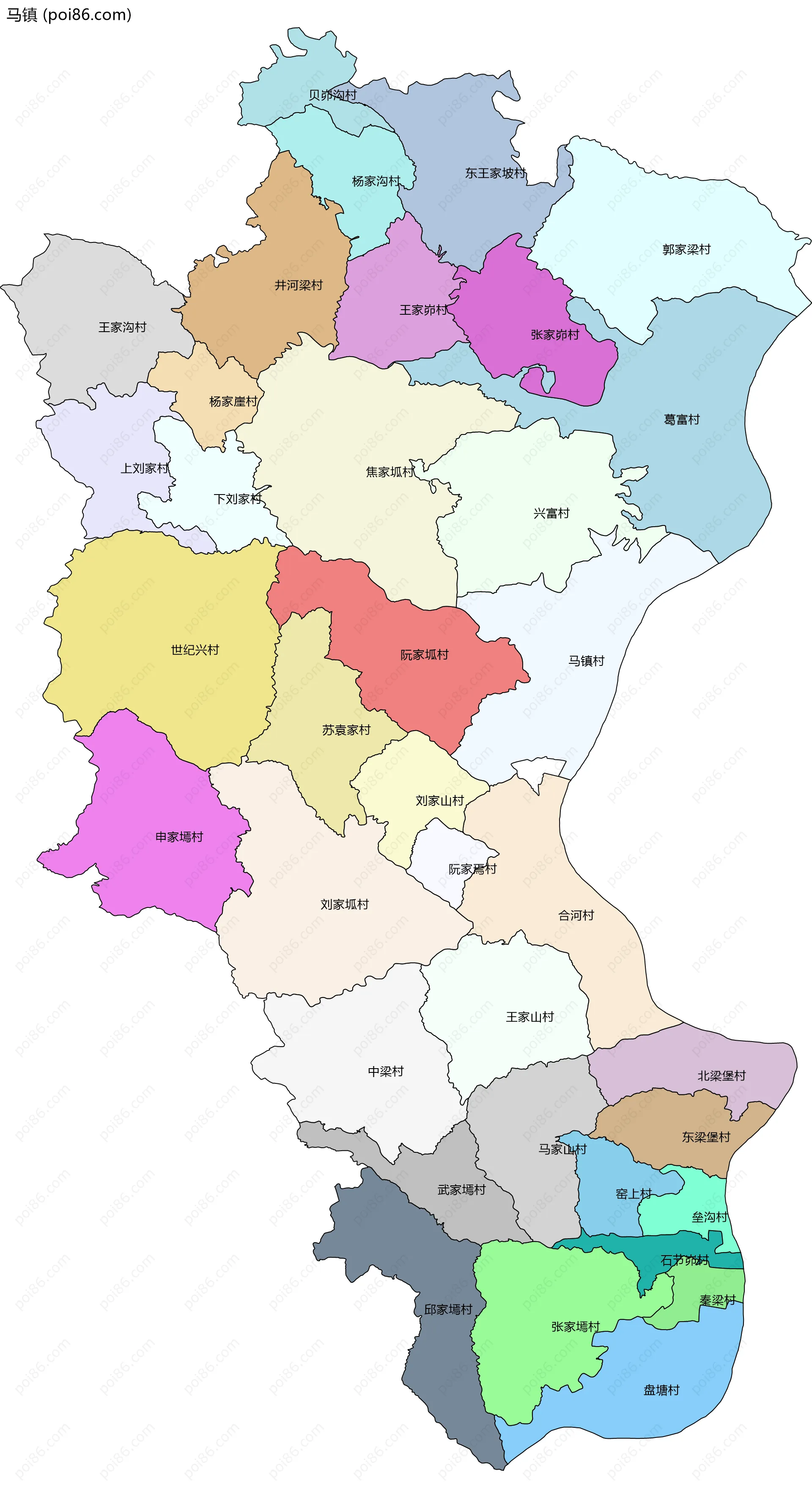 马镇边界地图(五级行政区划)