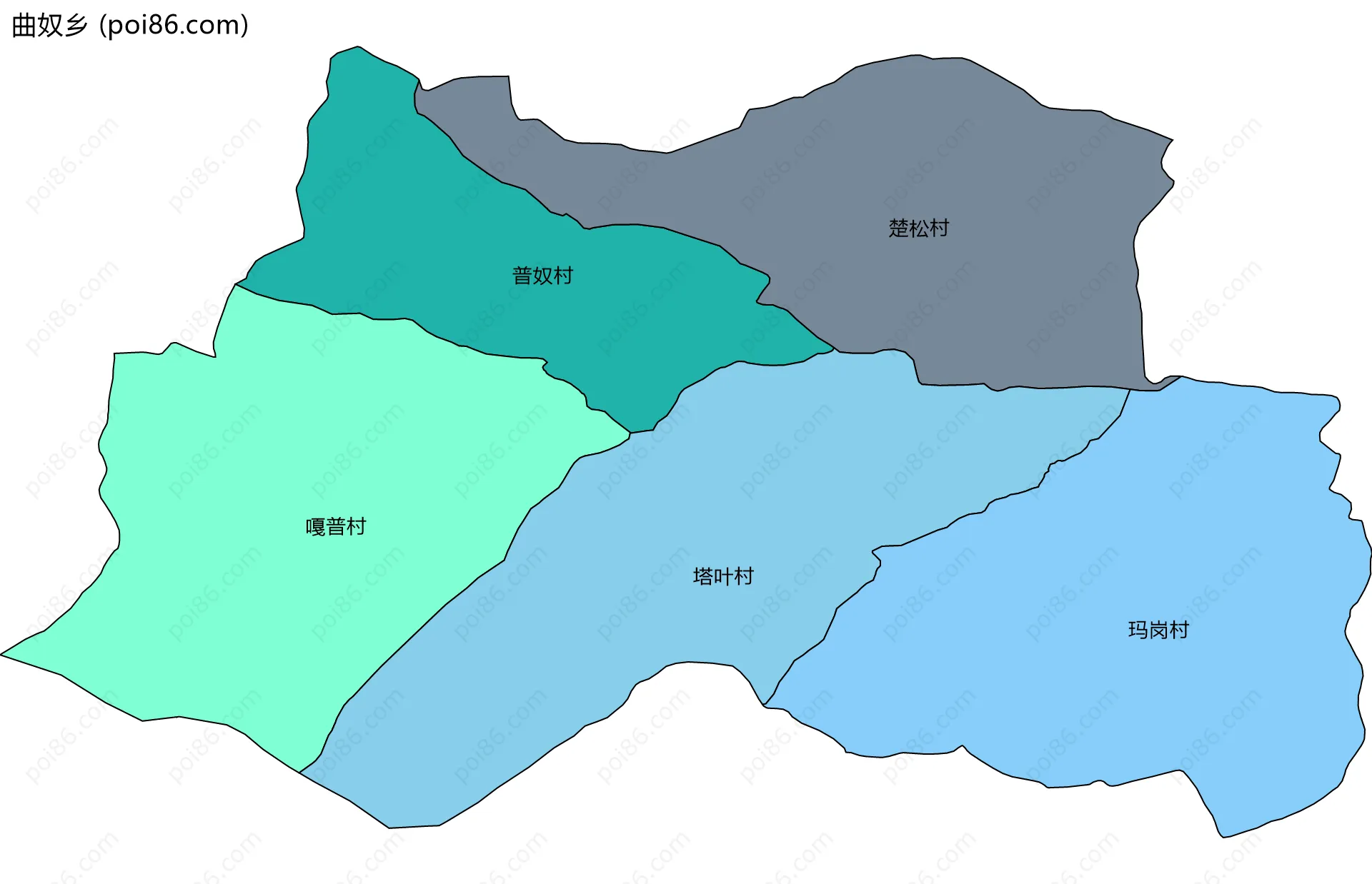 曲奴乡边界地图(五级行政区划)