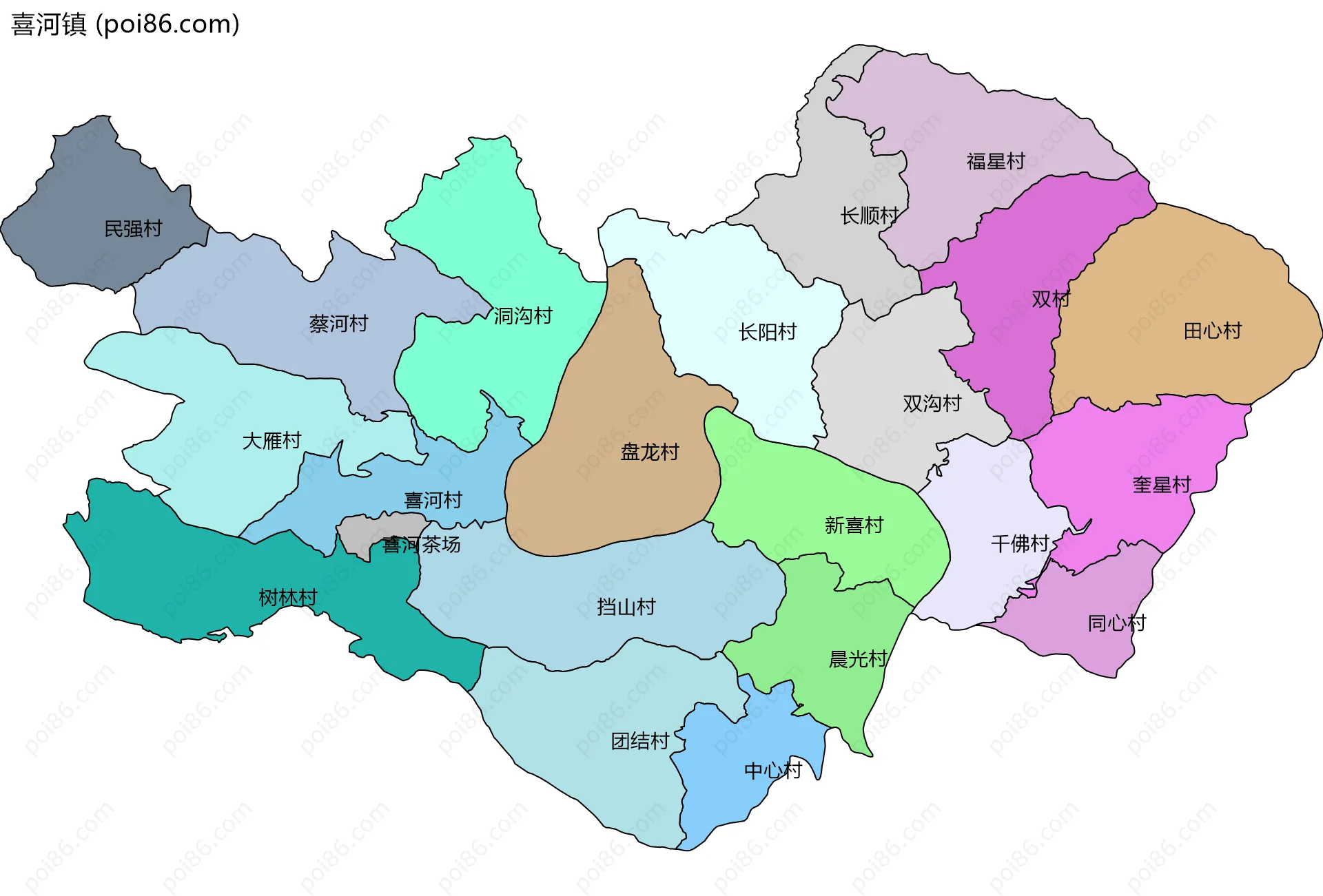 喜河镇边界地图(五级行政区划)