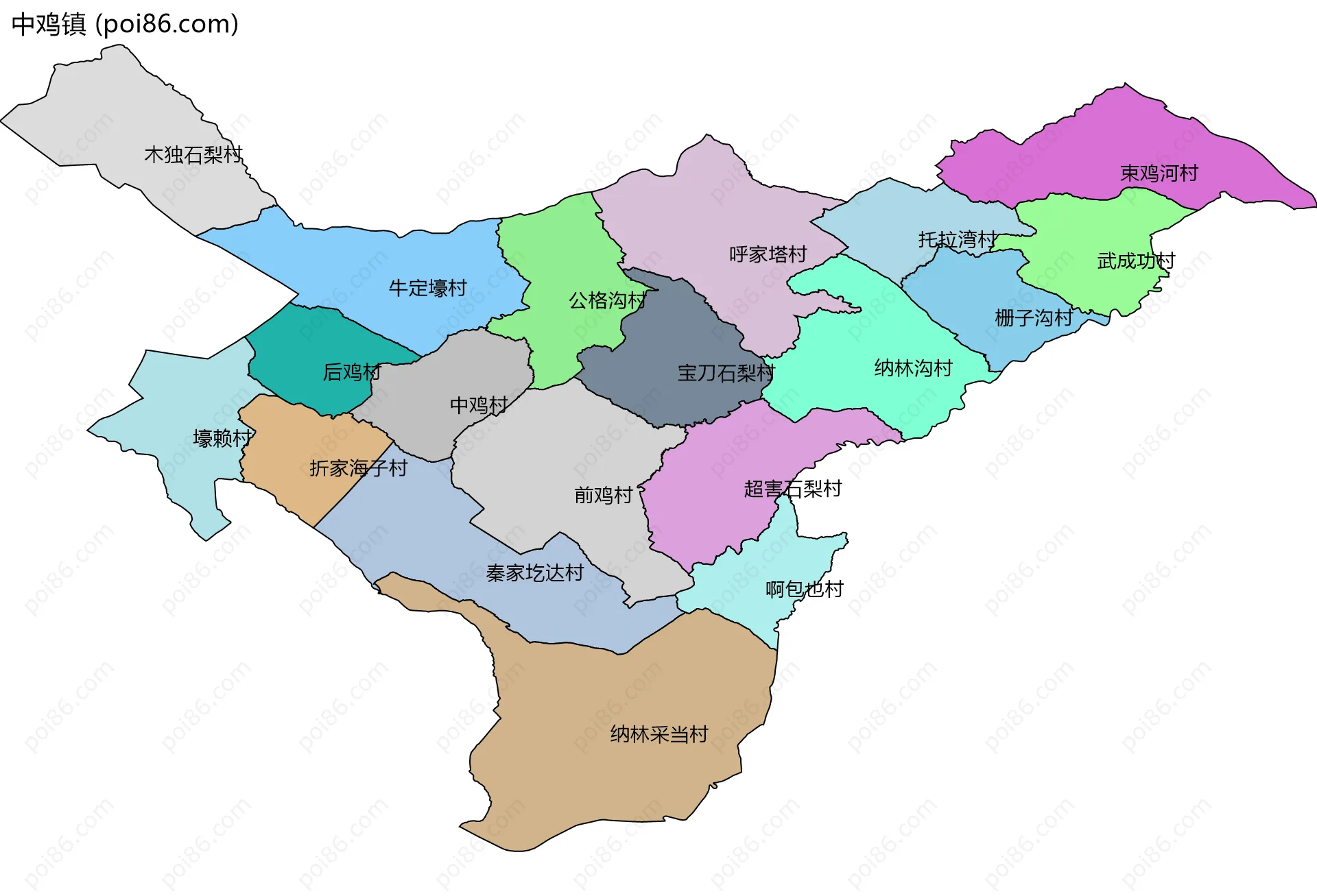 中鸡镇边界地图(五级行政区划)