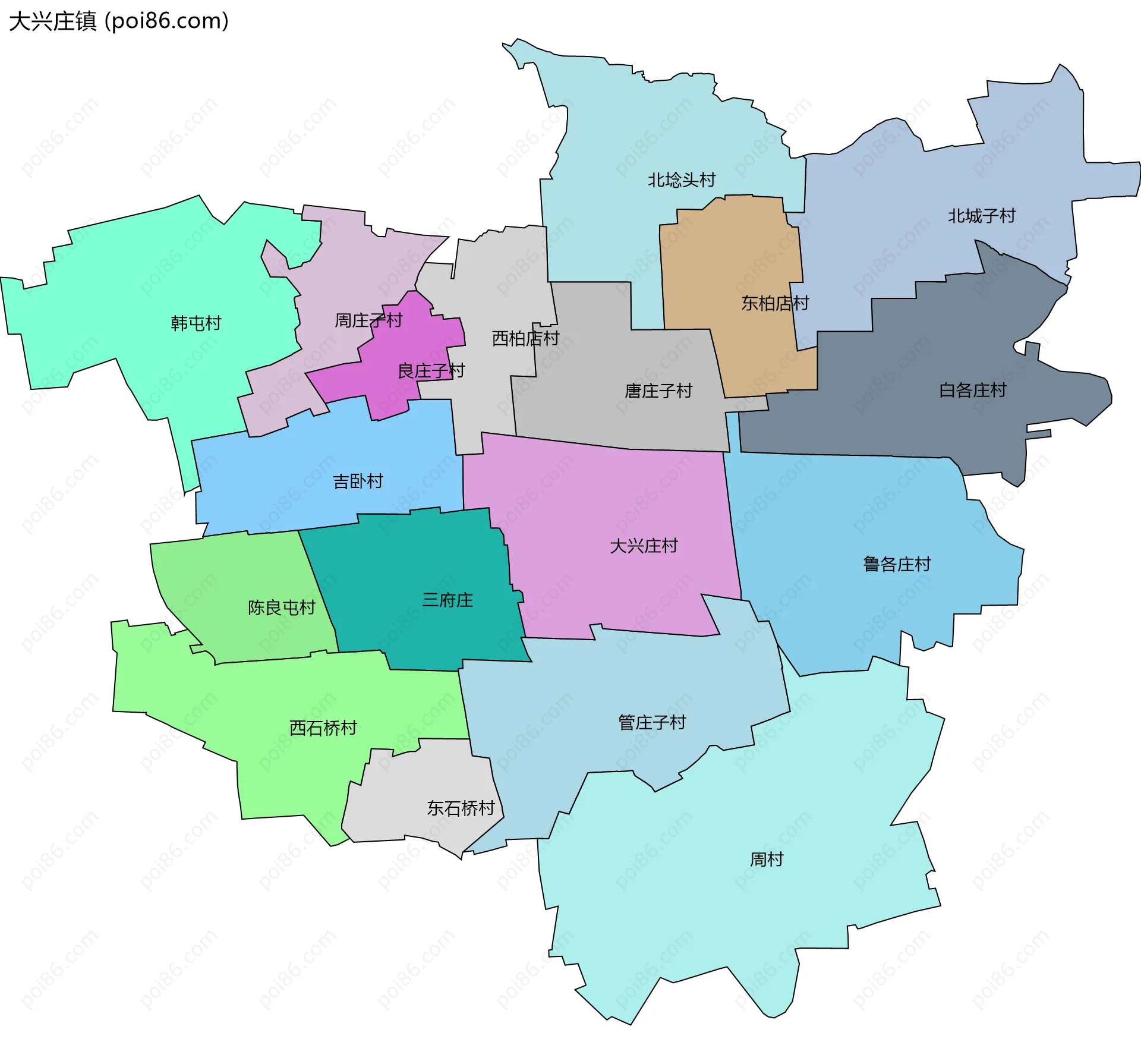 大兴庄镇边界地图(五级行政区划)