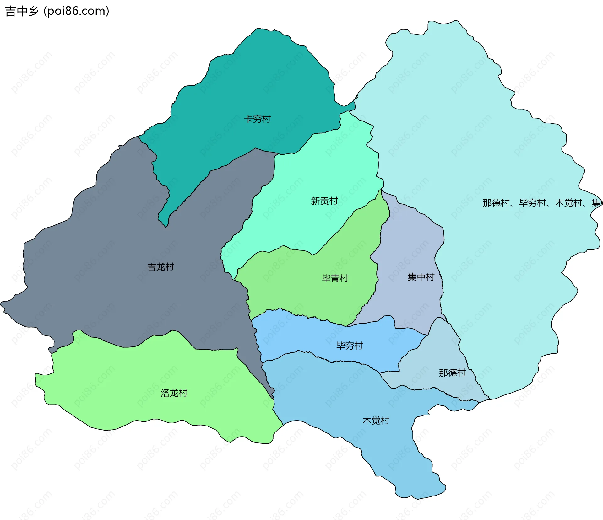 吉中乡边界地图(五级行政区划)