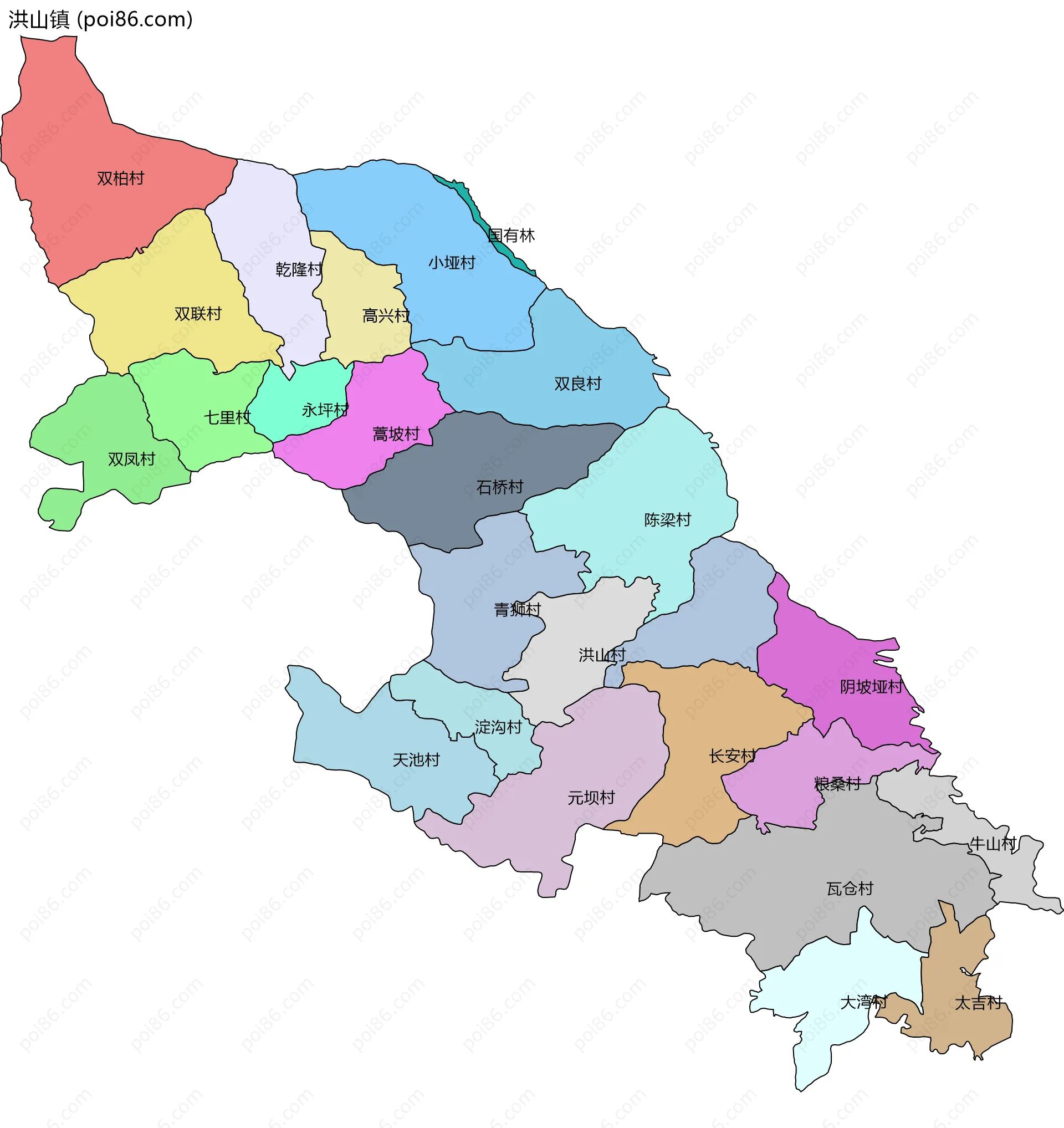 洪山镇边界地图(五级行政区划)