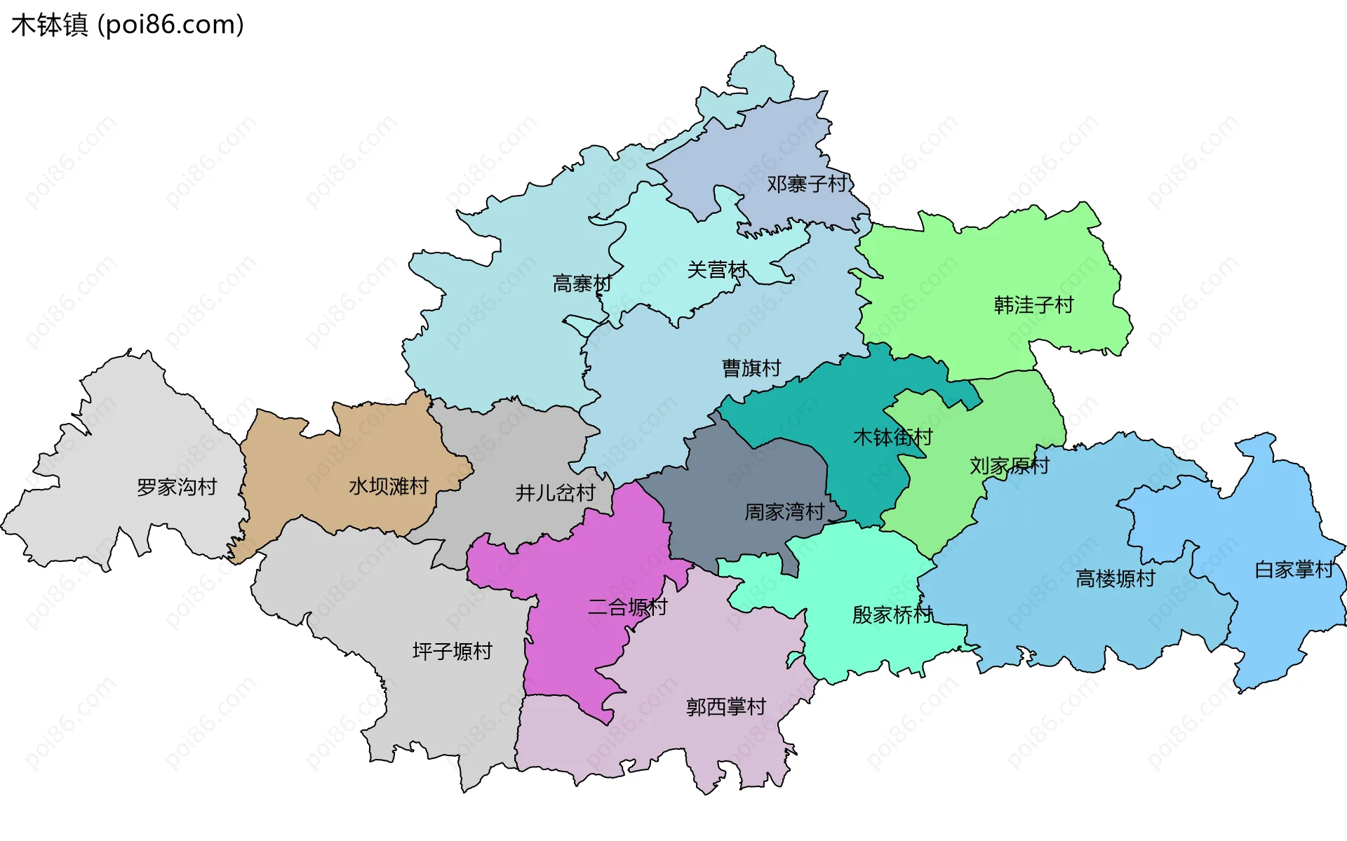 木钵镇边界地图(五级行政区划)