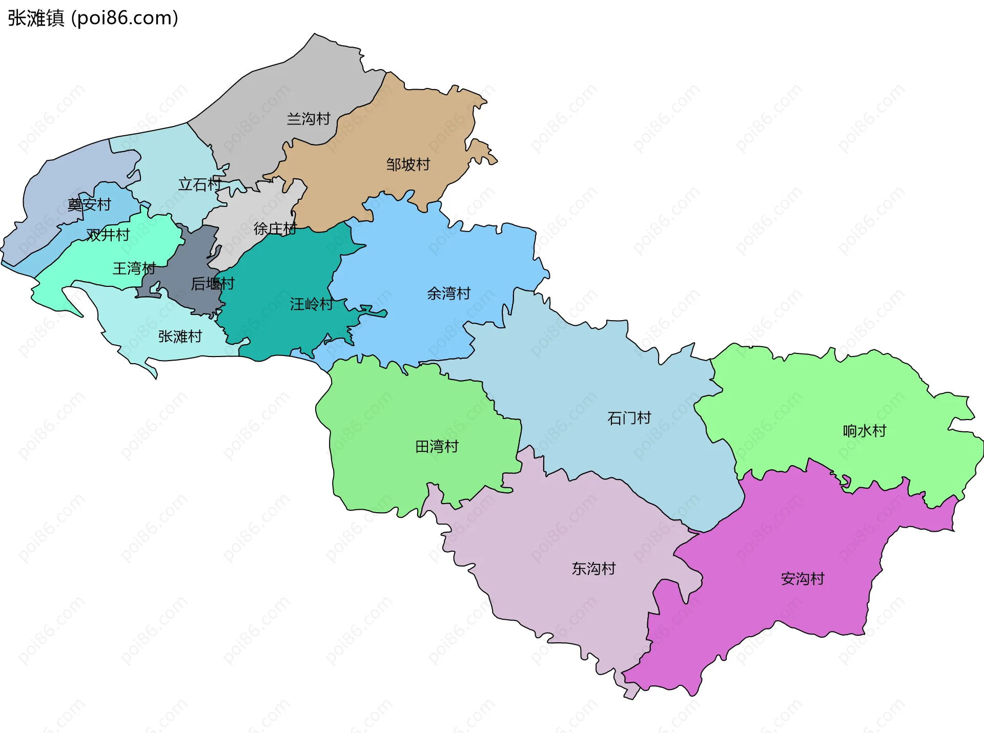 张滩镇边界地图(五级行政区划)