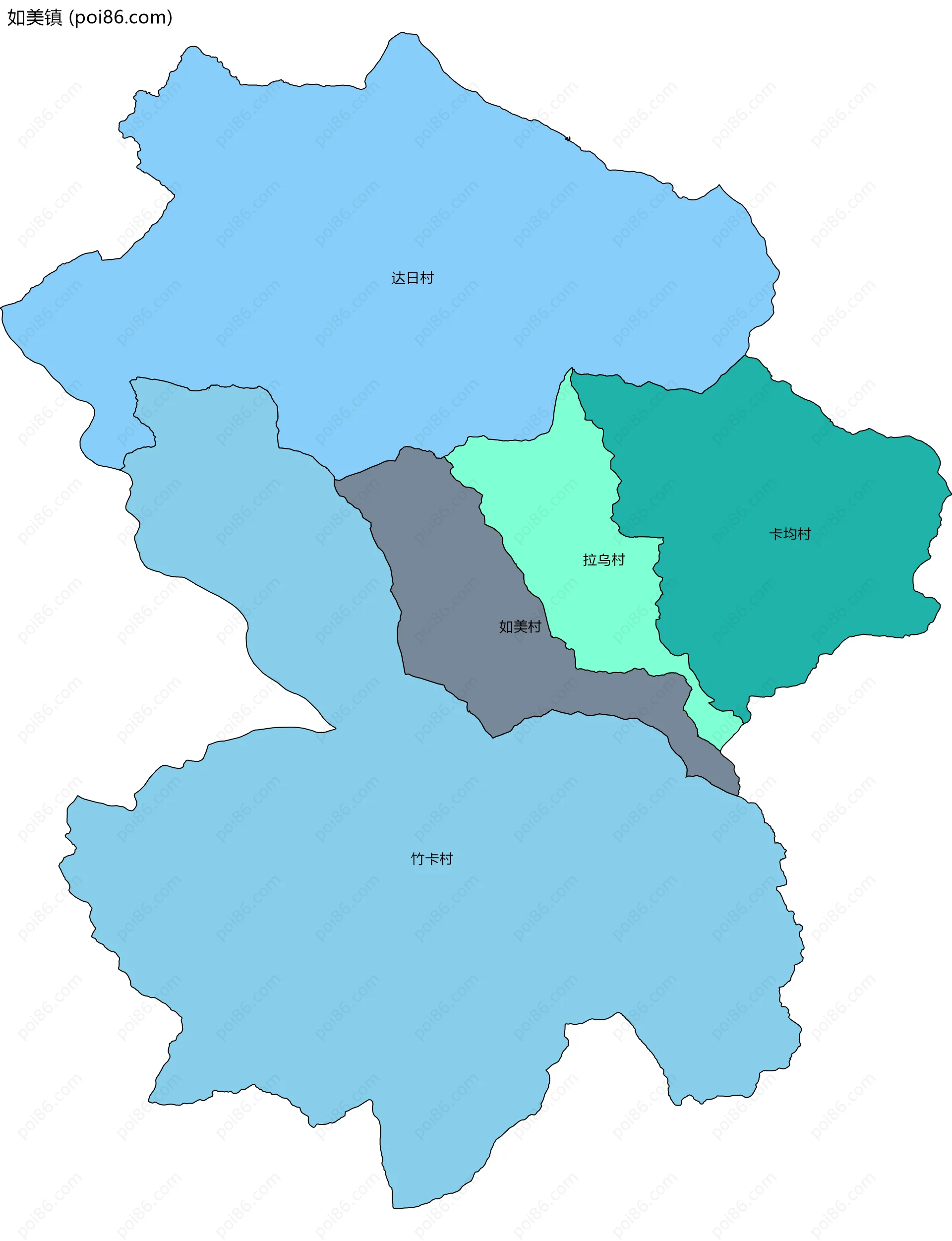 如美镇边界地图(五级行政区划)