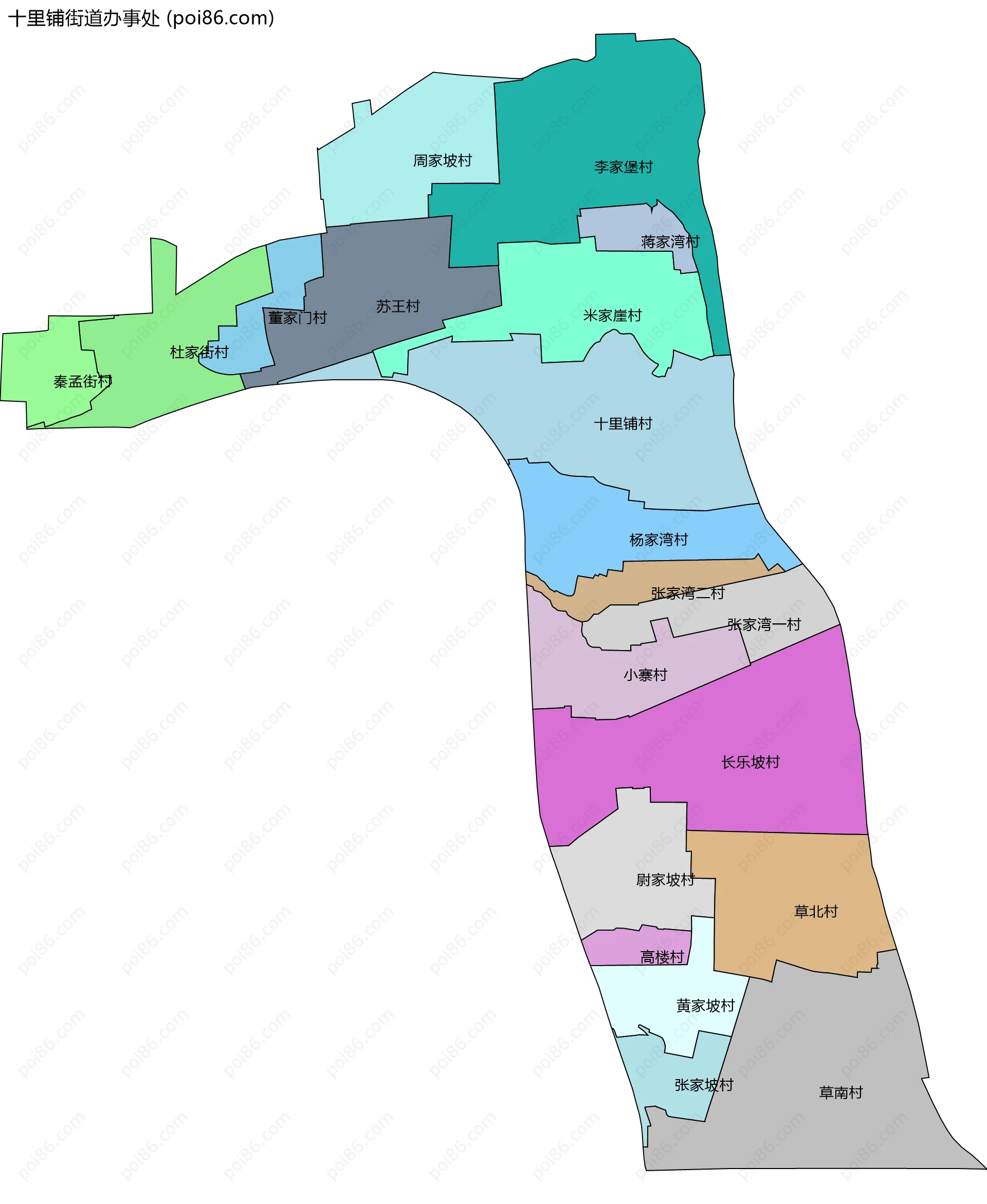 十里铺街道办事处边界地图(五级行政区划)