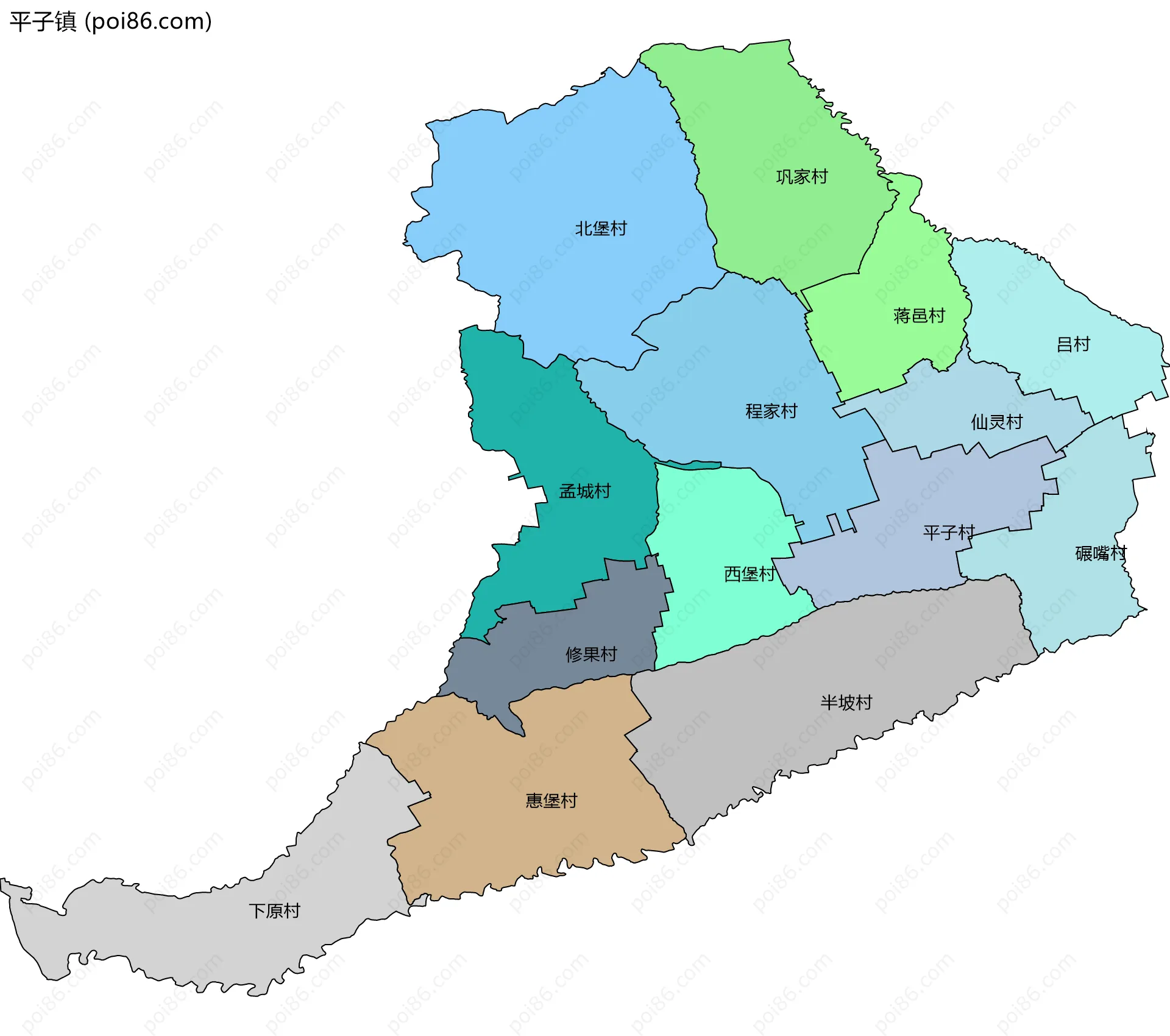 平子镇边界地图(五级行政区划)