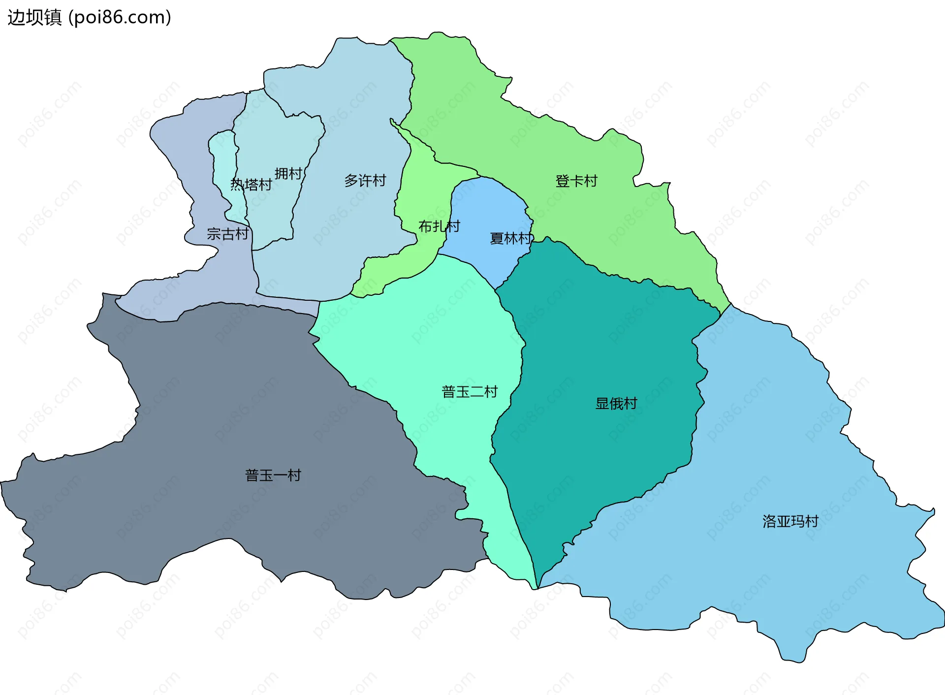 边坝镇边界地图(五级行政区划)