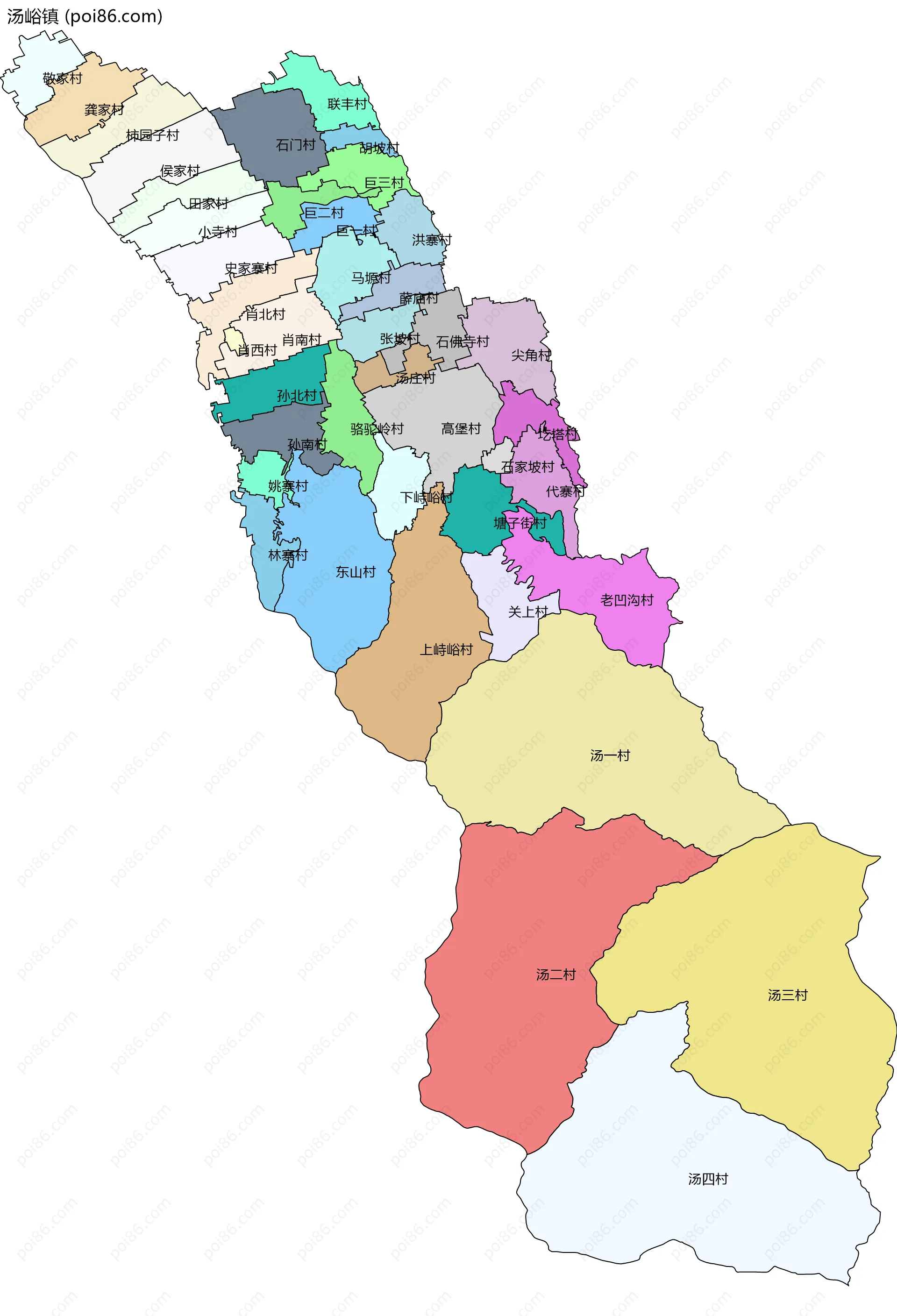 汤峪镇边界地图(五级行政区划)