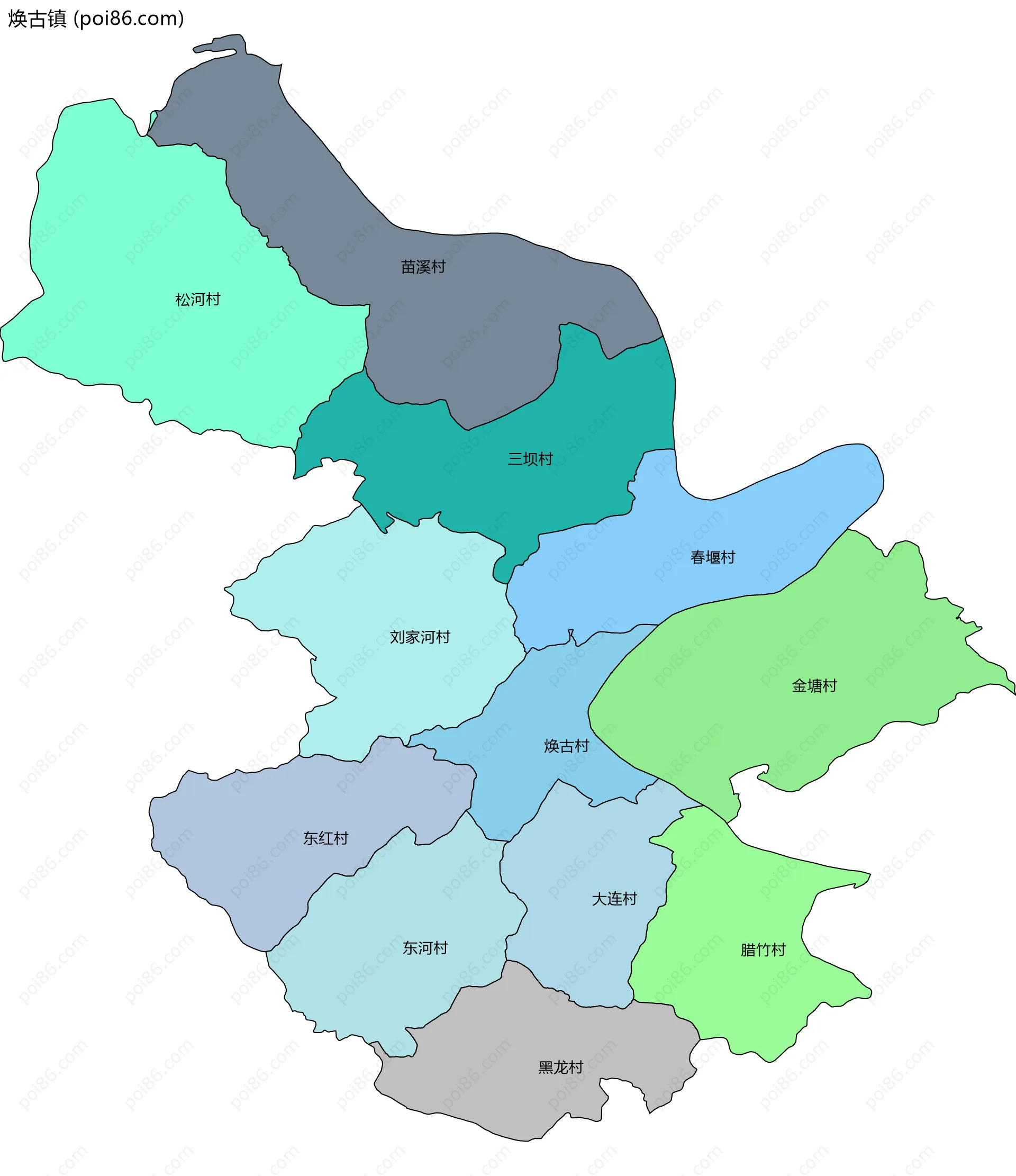 焕古镇边界地图(五级行政区划)