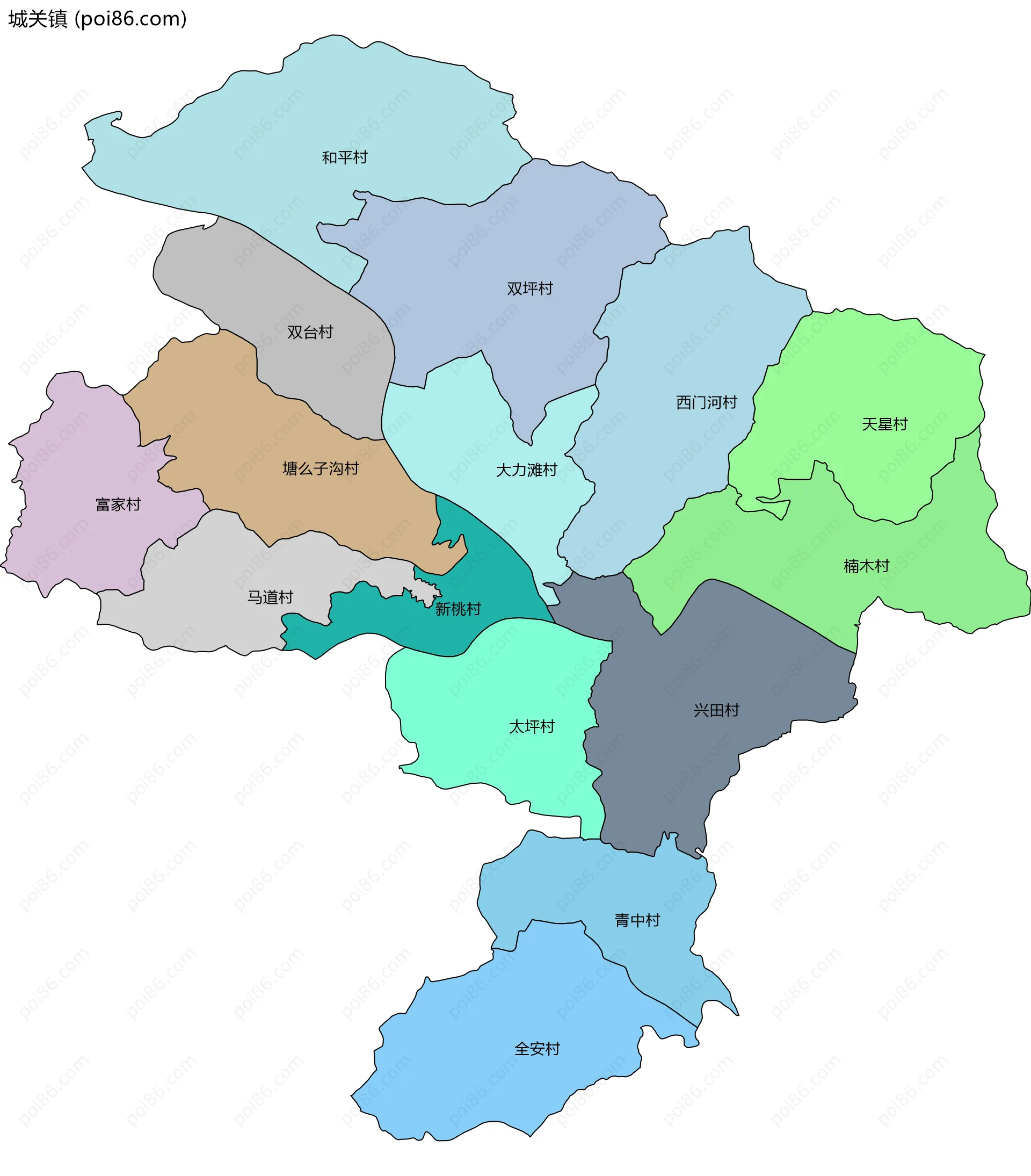 城关镇边界地图(五级行政区划)