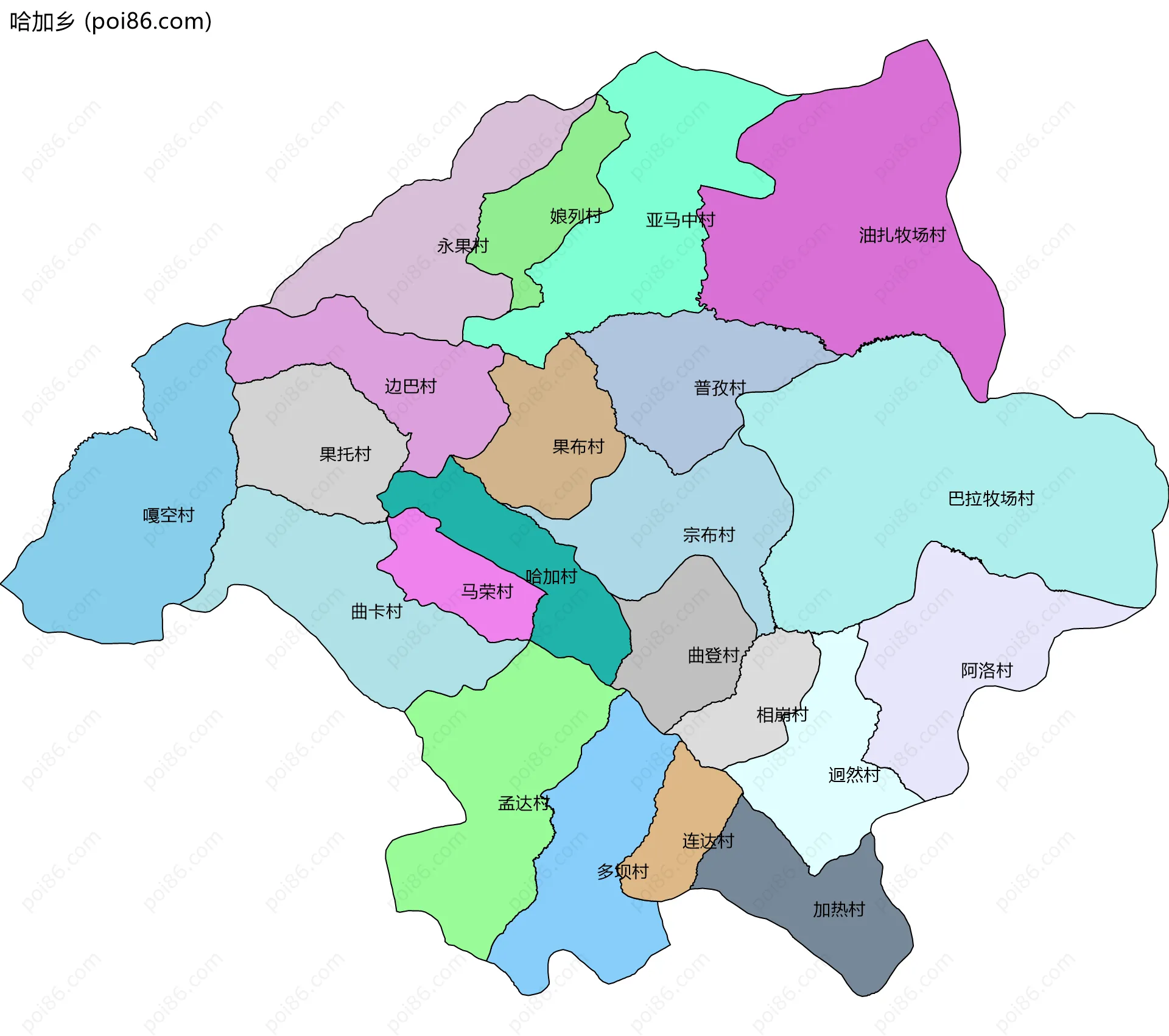 哈加乡边界地图(五级行政区划)