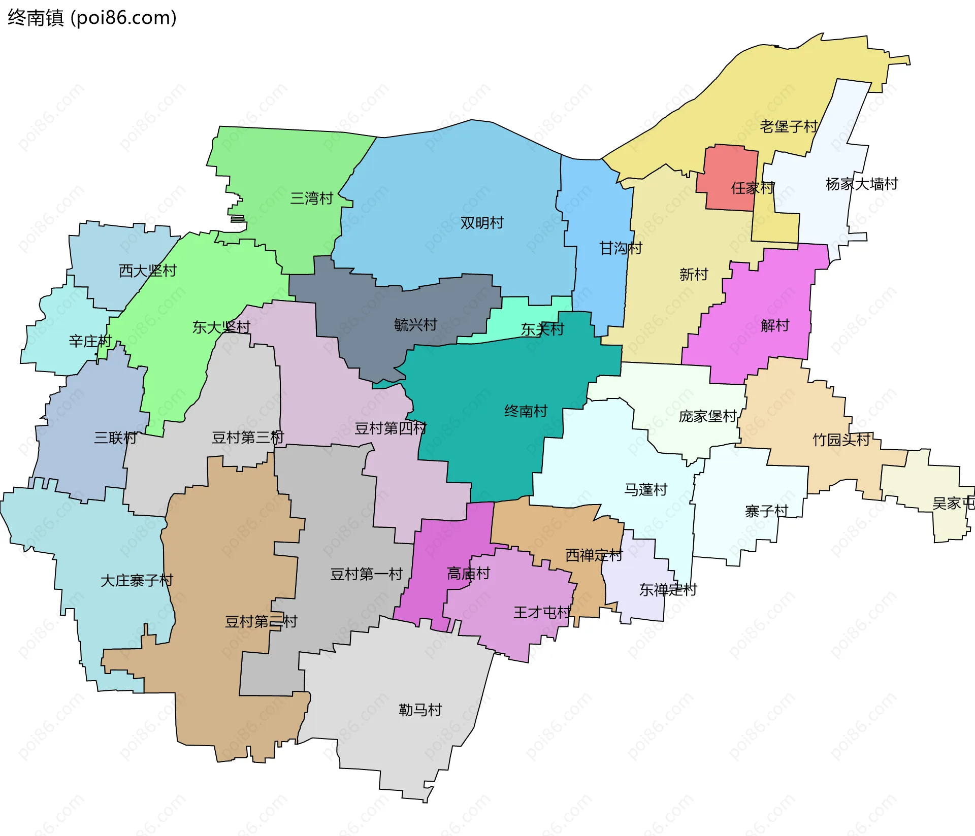 终南镇边界地图(五级行政区划)