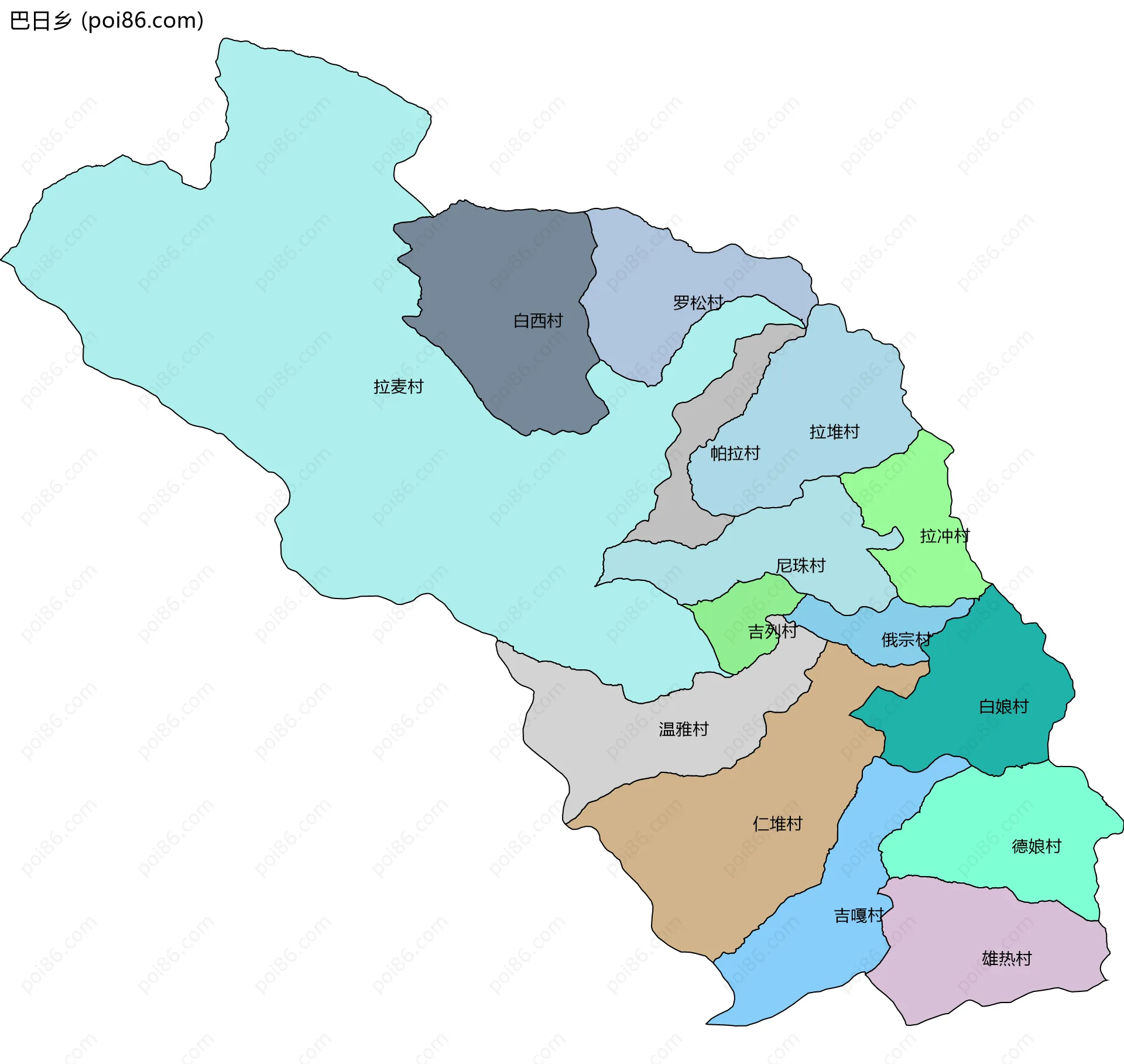 巴日乡边界地图(五级行政区划)