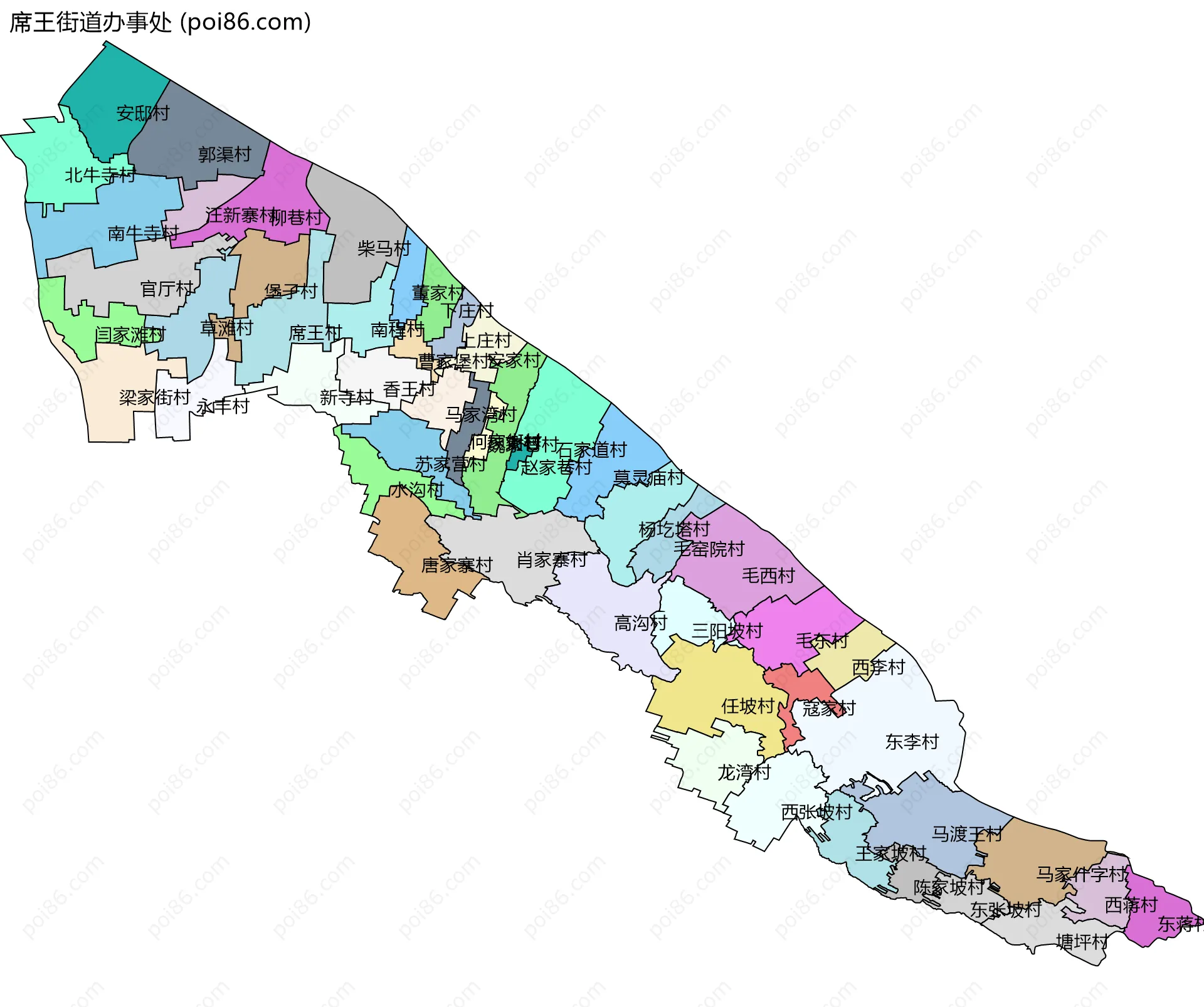 席王街道办事处边界地图(五级行政区划)