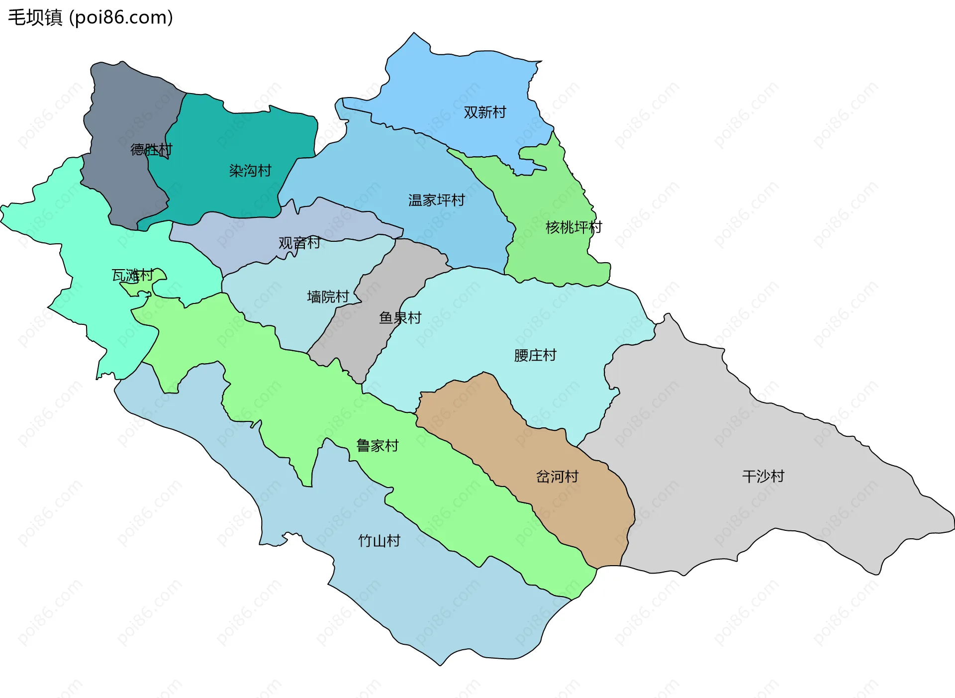 毛坝镇边界地图(五级行政区划)