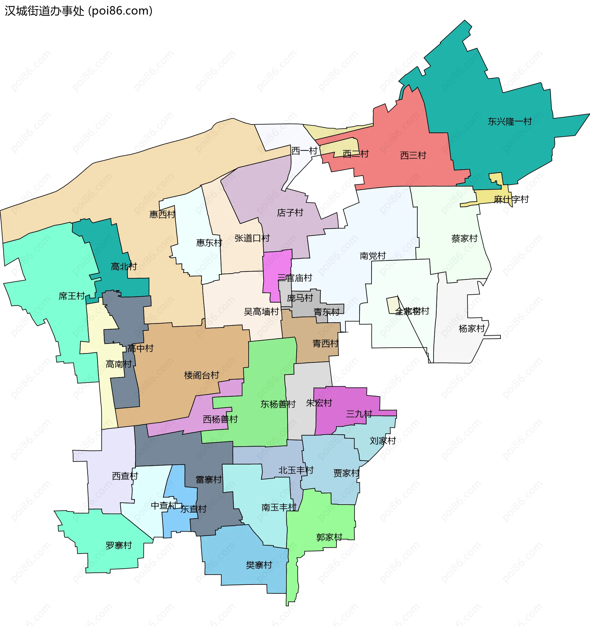 汉城街道办事处边界地图(五级行政区划)