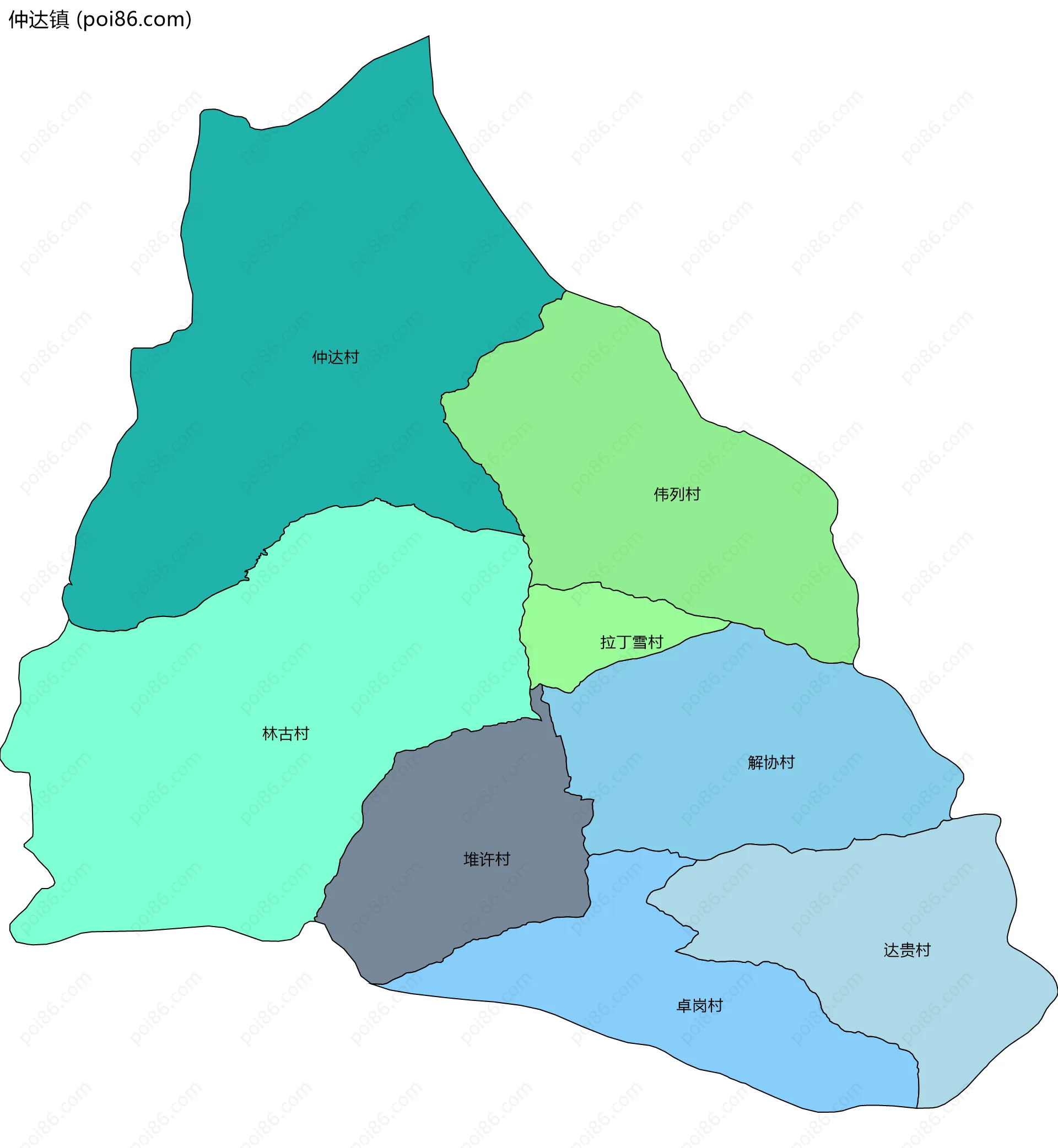仲达镇边界地图(五级行政区划)