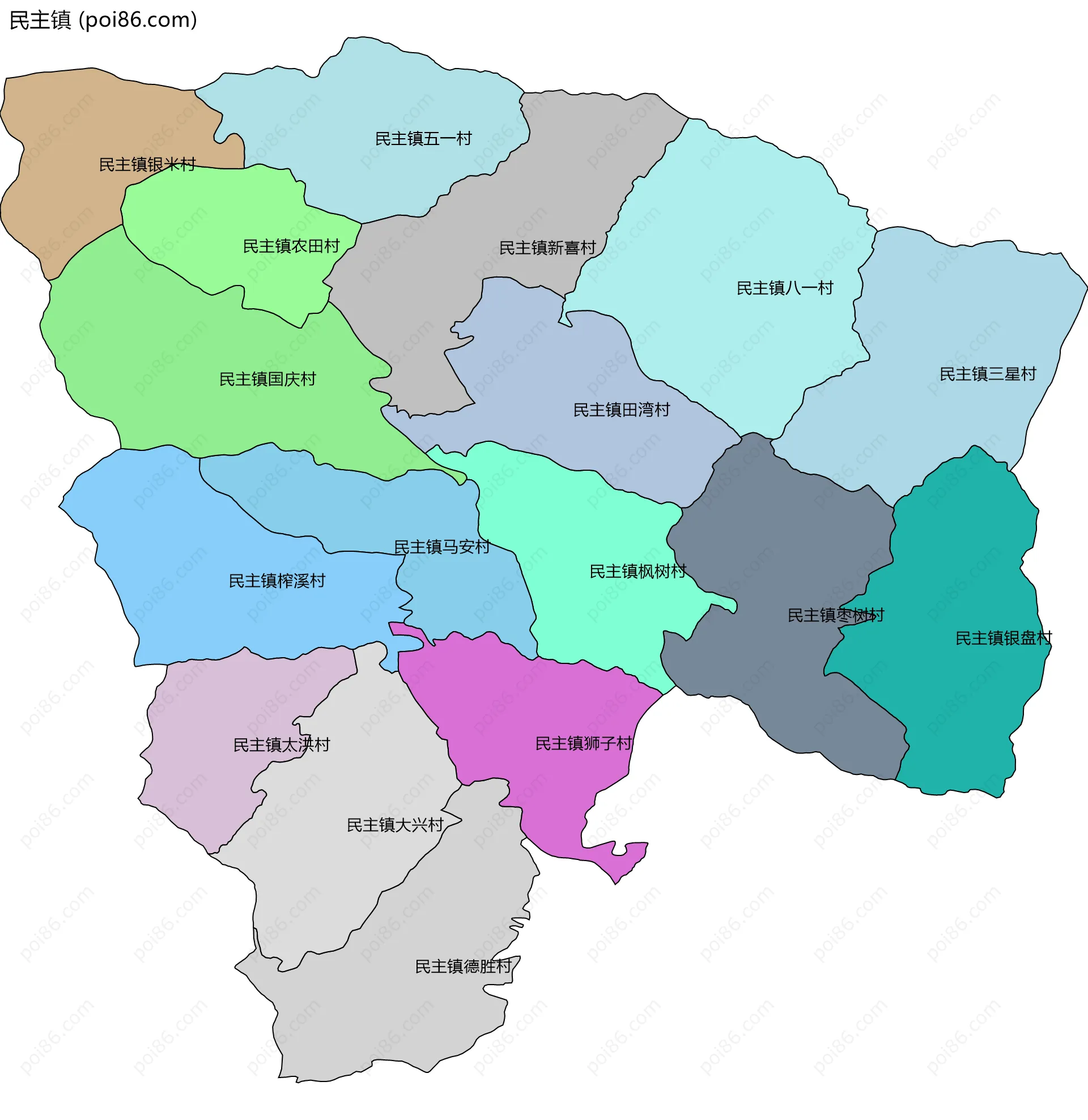 民主镇边界地图(五级行政区划)