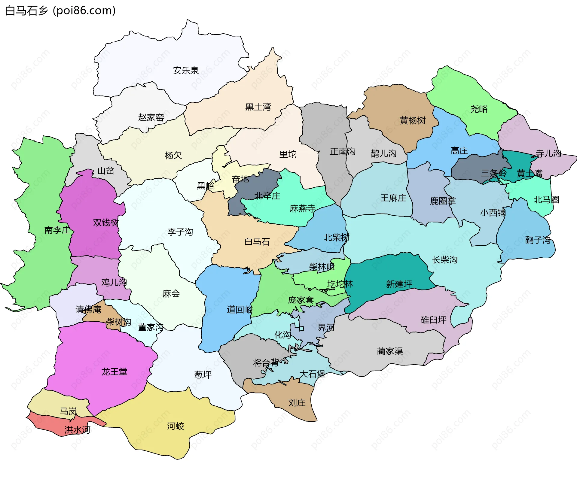 白马石乡边界地图(五级行政区划)