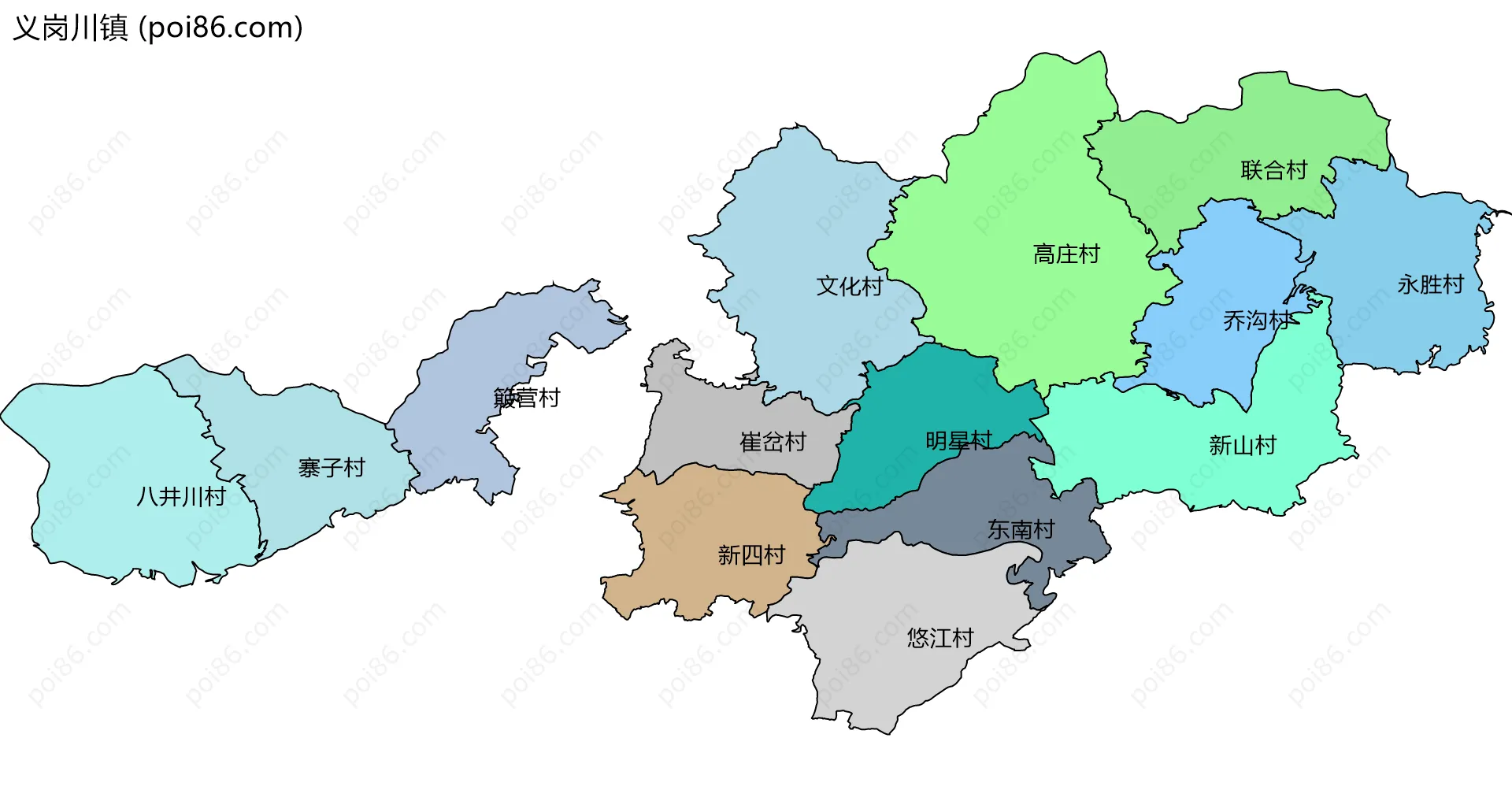义岗川镇边界地图(五级行政区划)