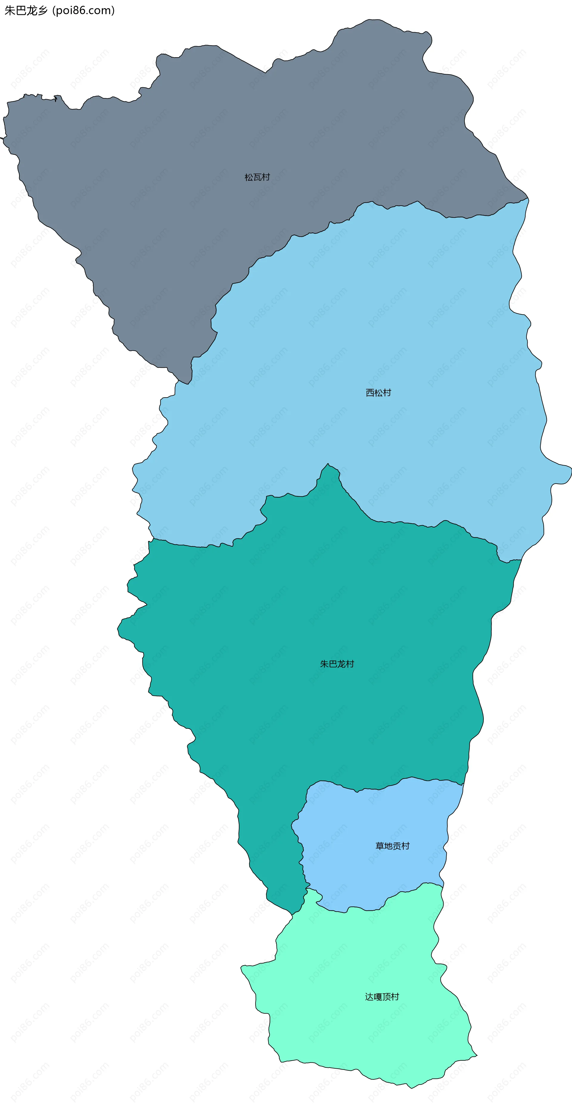 朱巴龙乡边界地图(五级行政区划)