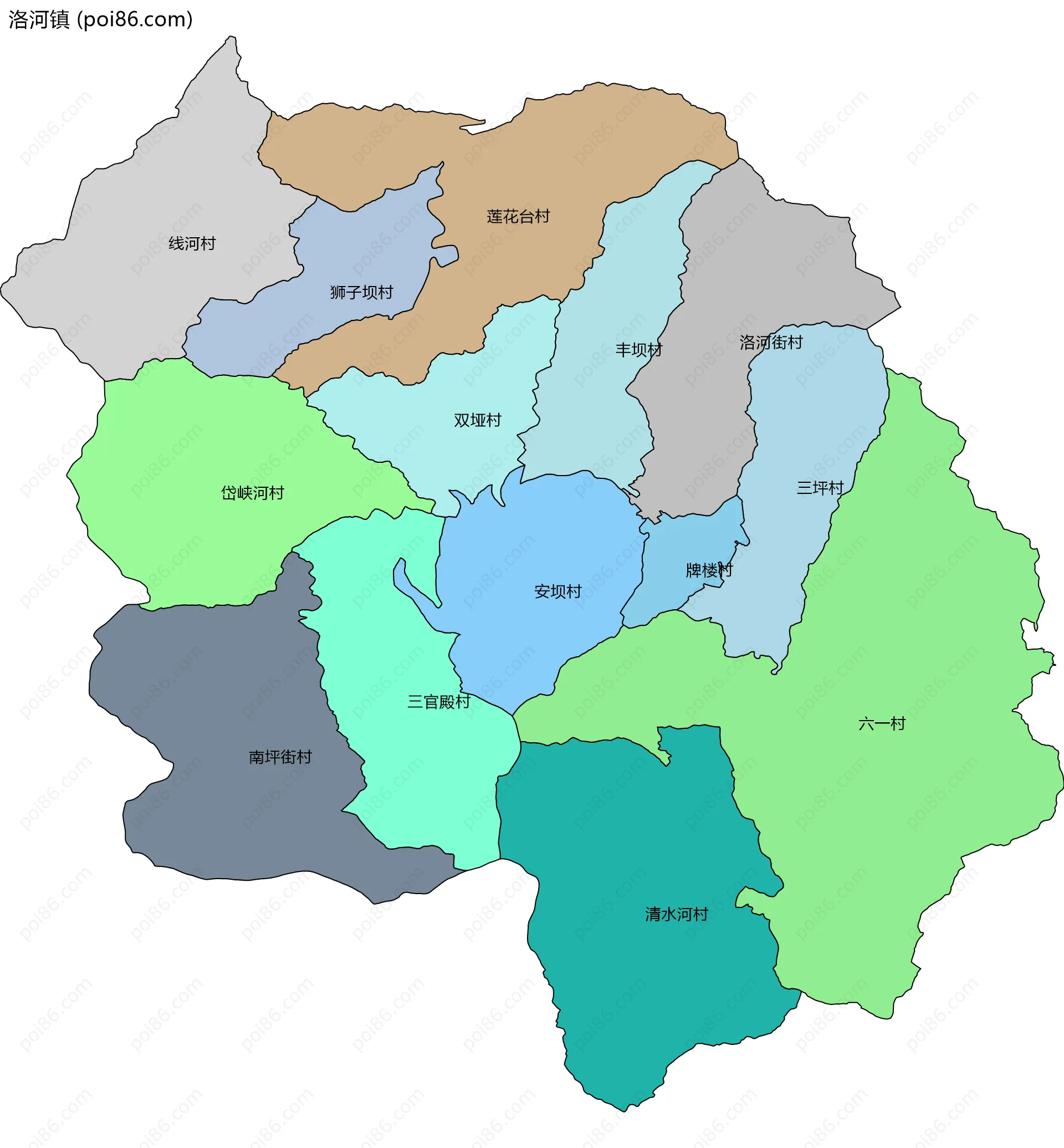 洛河镇边界地图(五级行政区划)