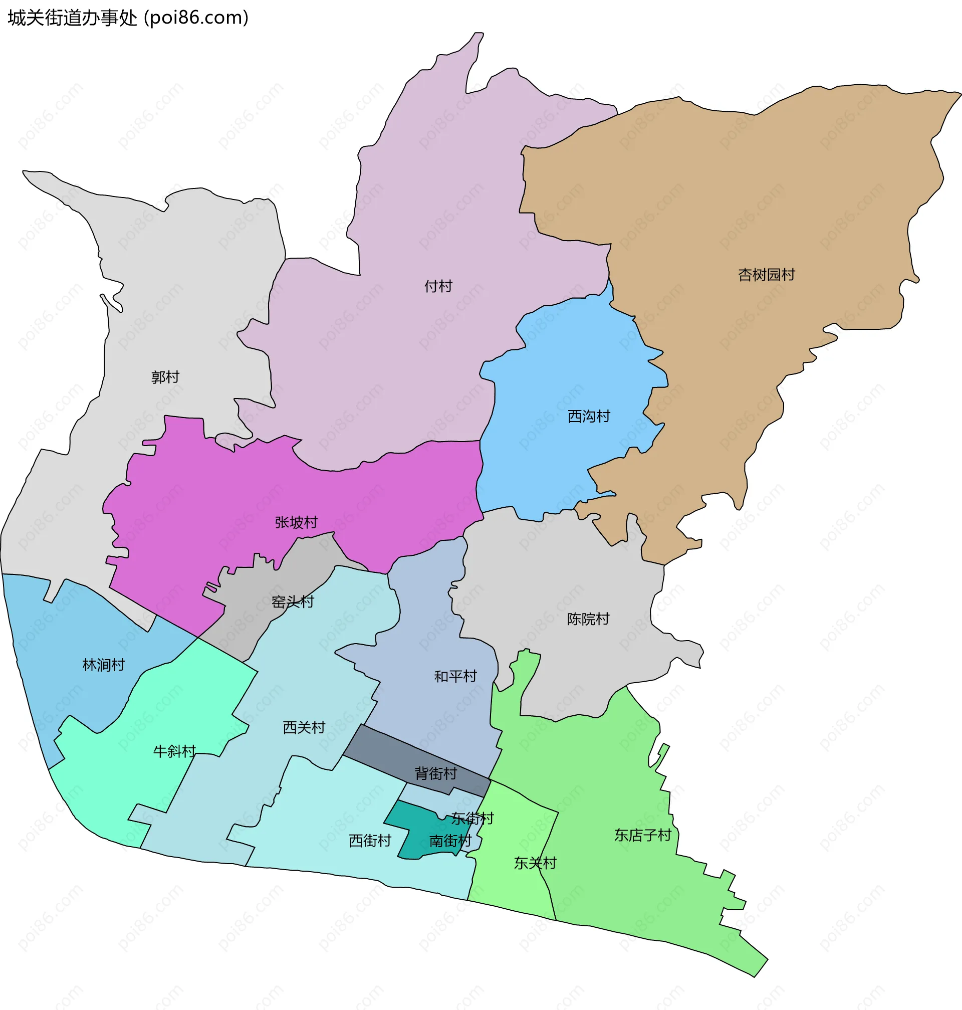 城关街道办事处边界地图(五级行政区划)