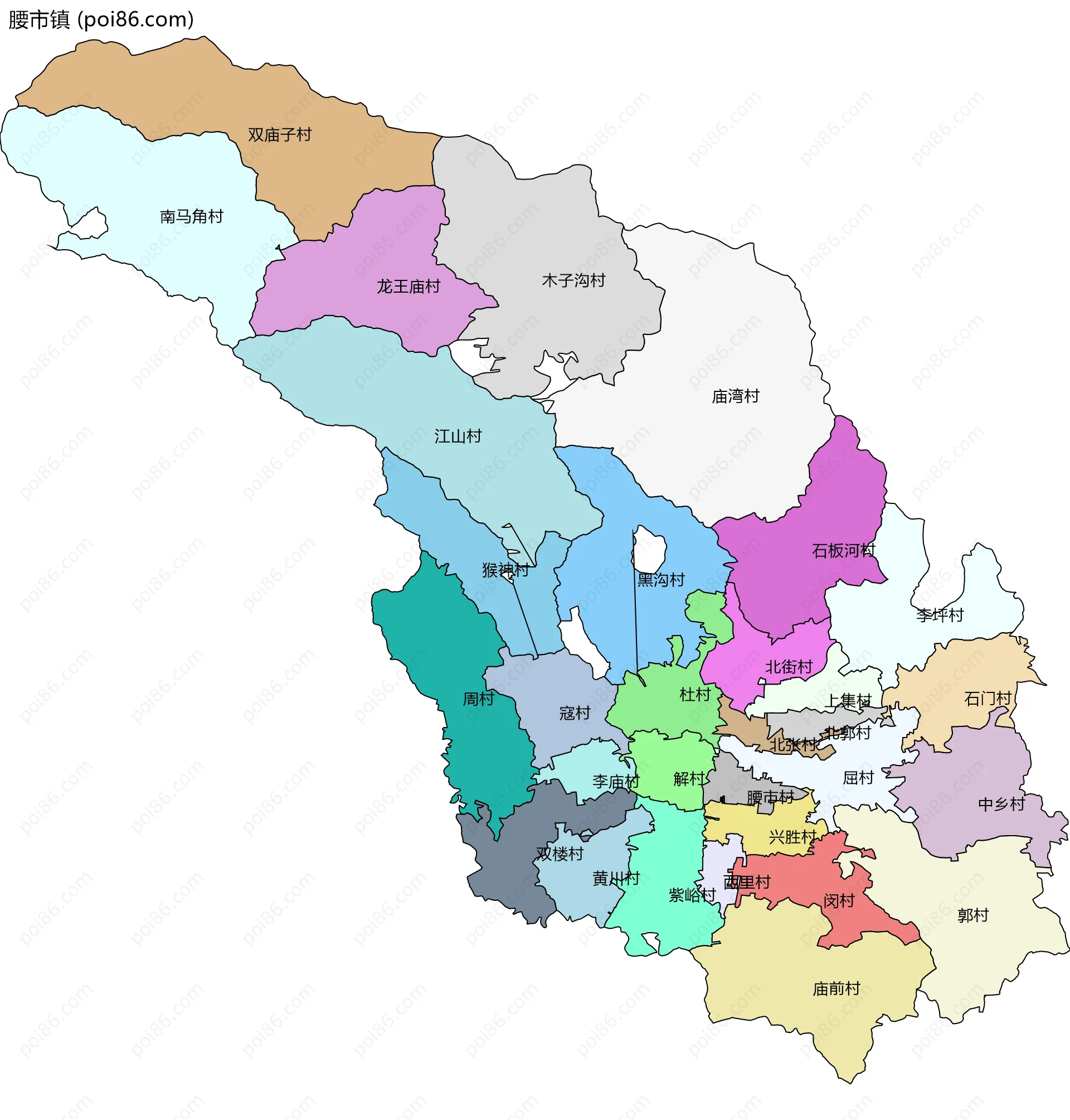 腰市镇边界地图(五级行政区划)