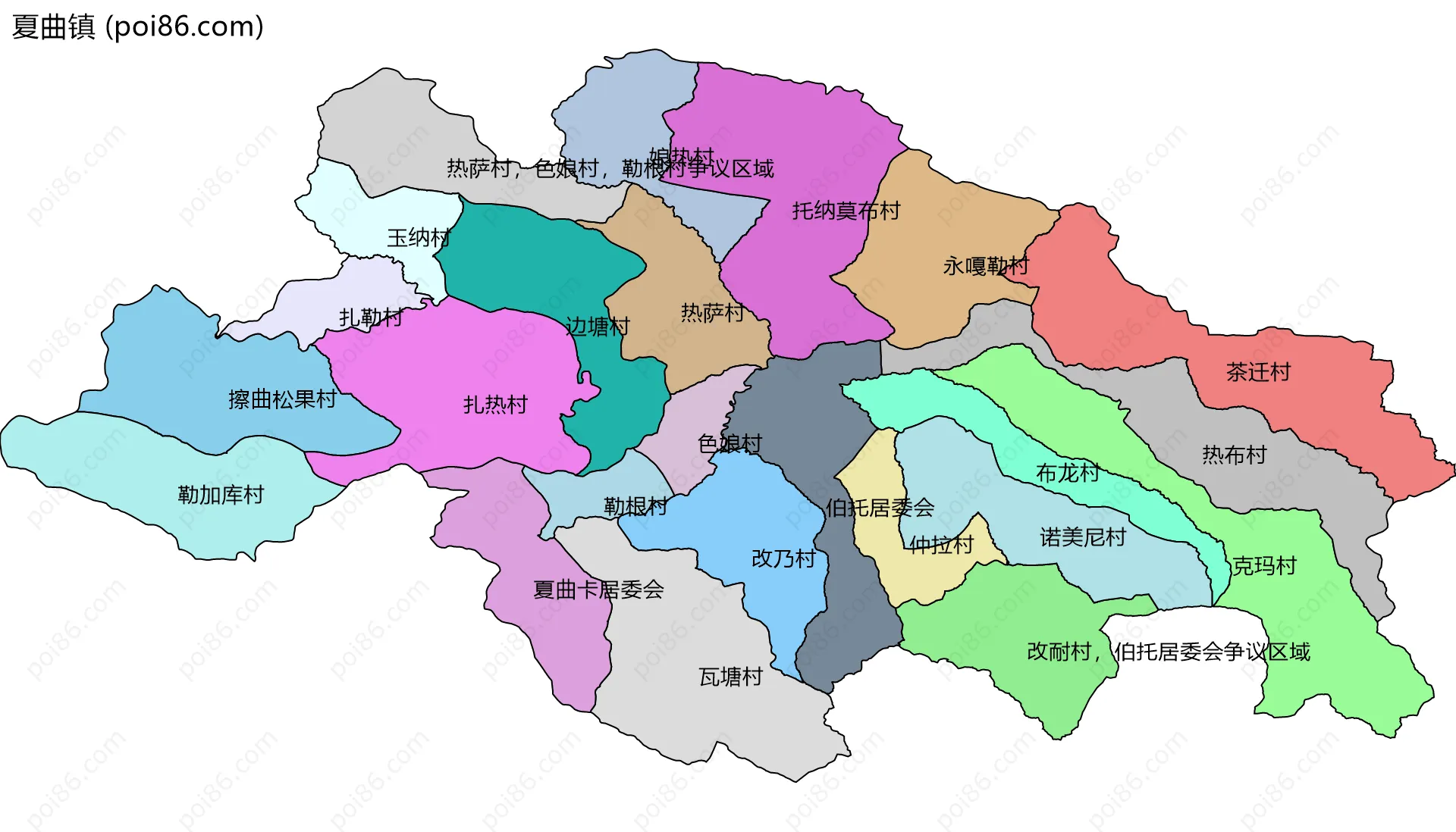 夏曲镇边界地图(五级行政区划)