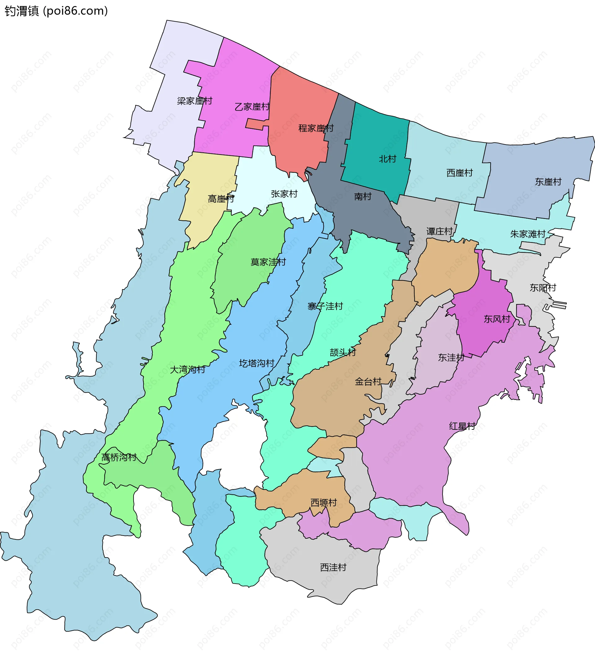钓渭镇边界地图(五级行政区划)