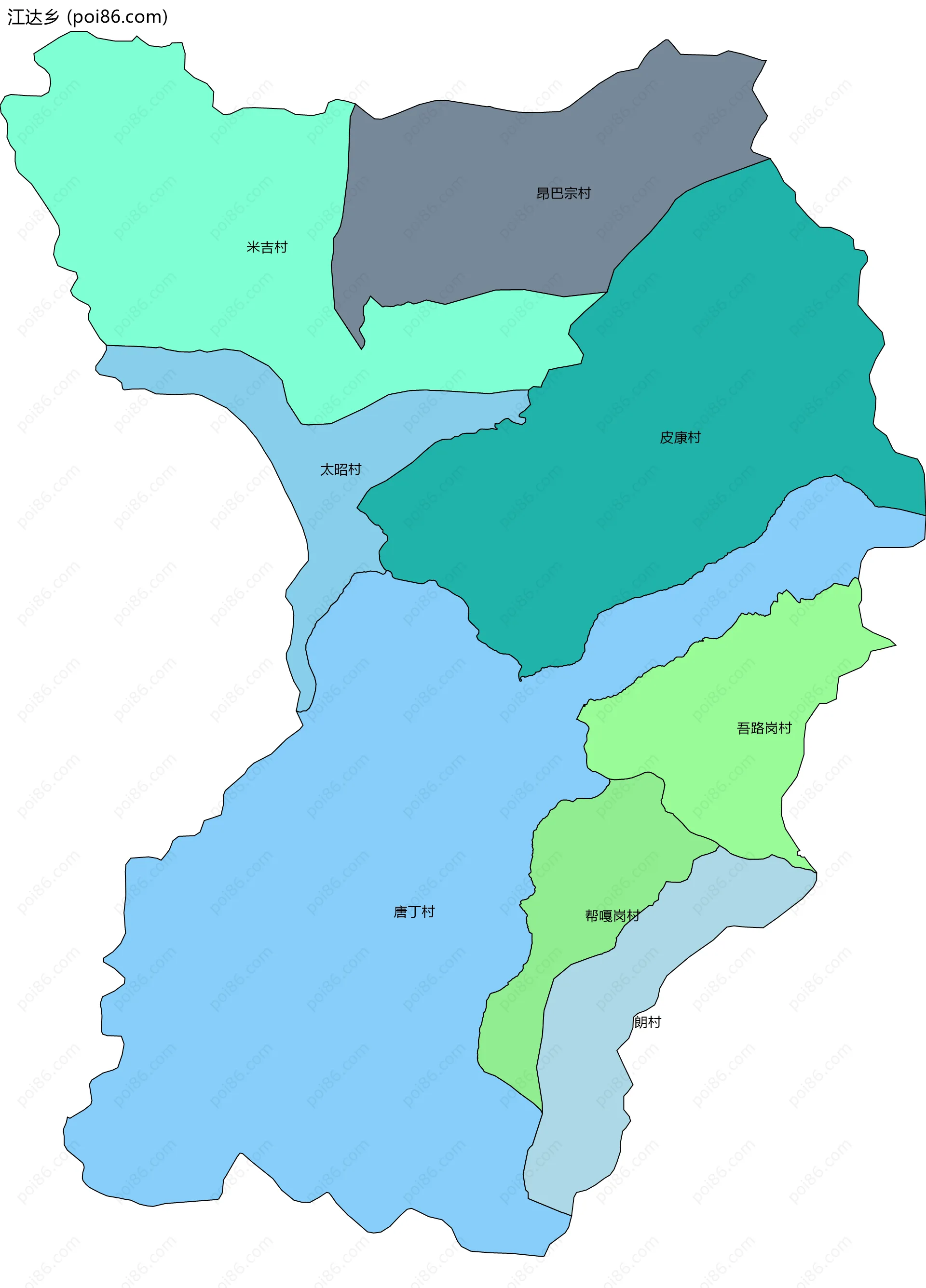 江达乡边界地图(五级行政区划)
