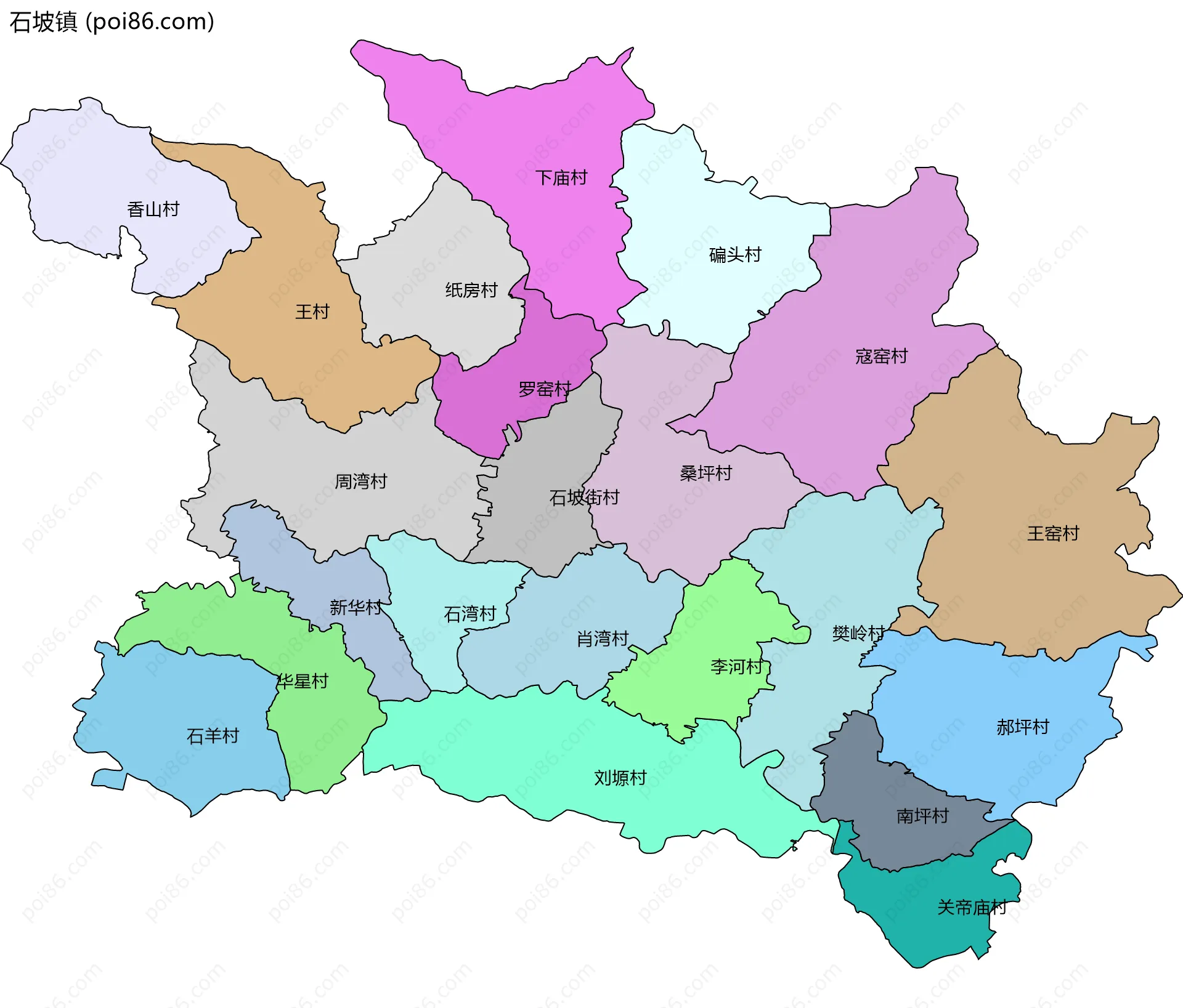 石坡镇边界地图(五级行政区划)