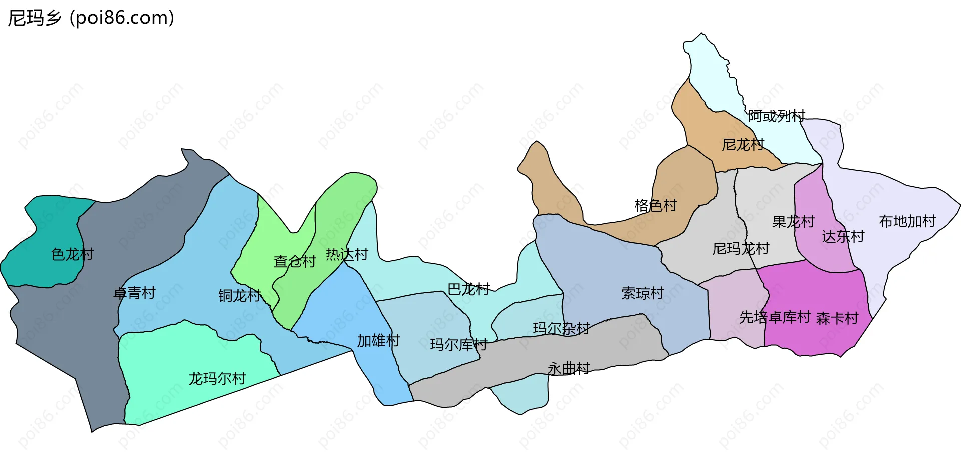 尼玛乡边界地图(五级行政区划)