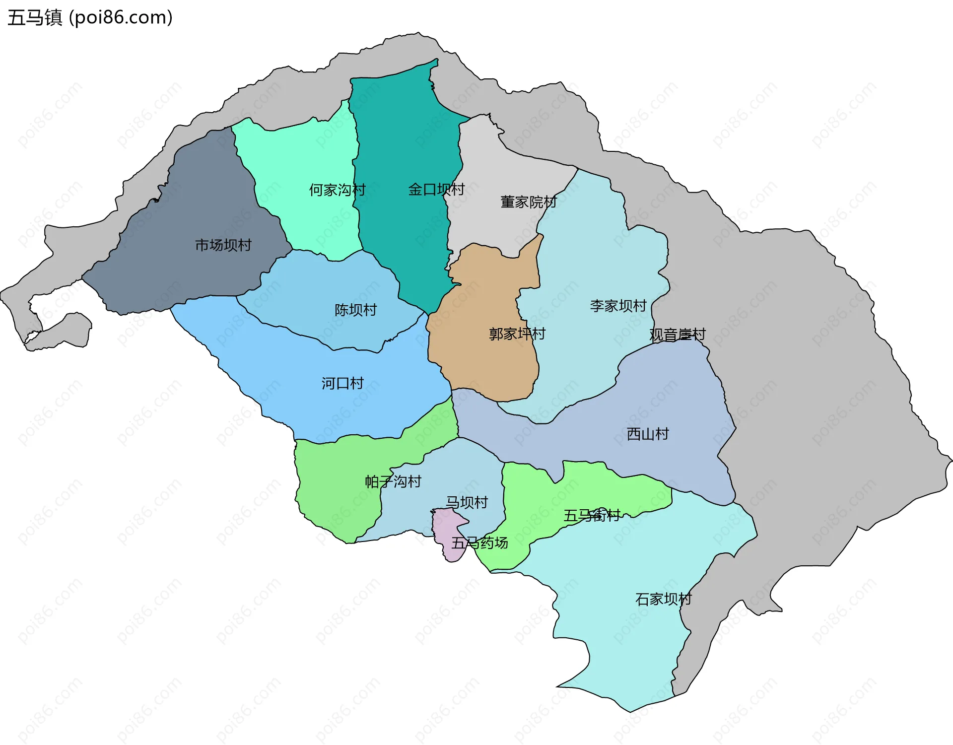 五马镇边界地图(五级行政区划)