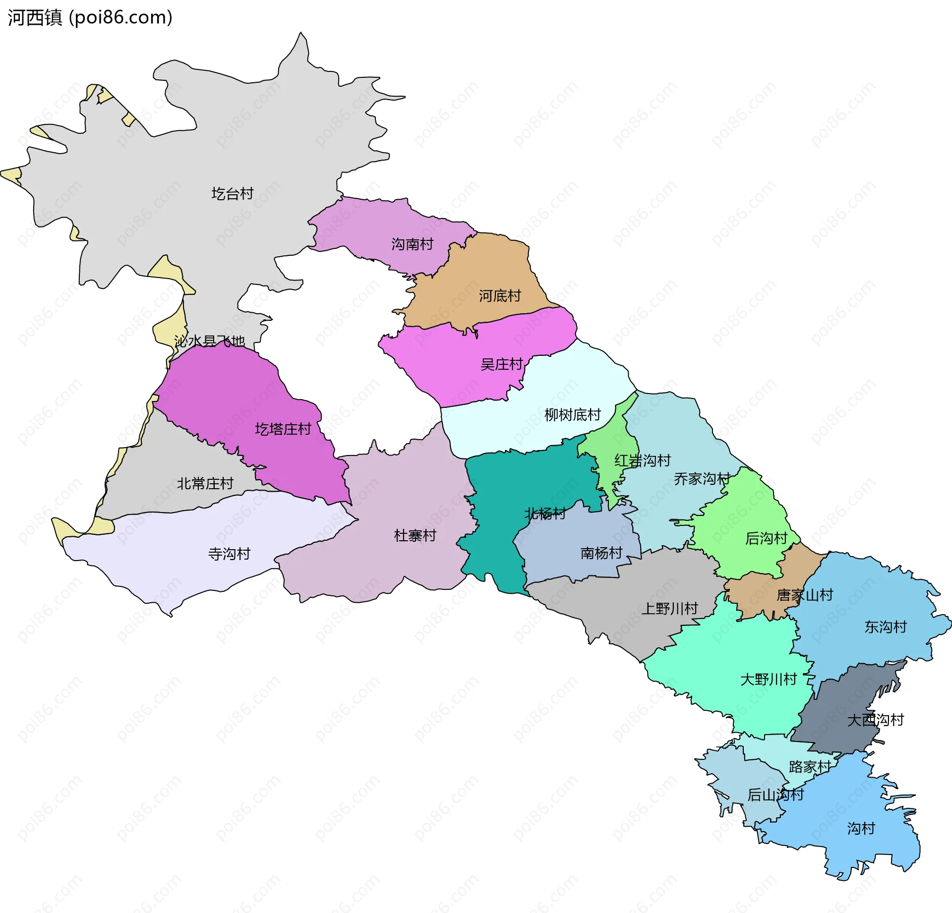 河西镇边界地图(五级行政区划)