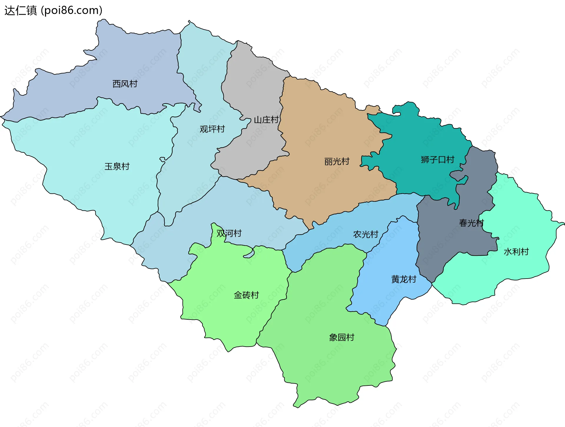 达仁镇边界地图(五级行政区划)