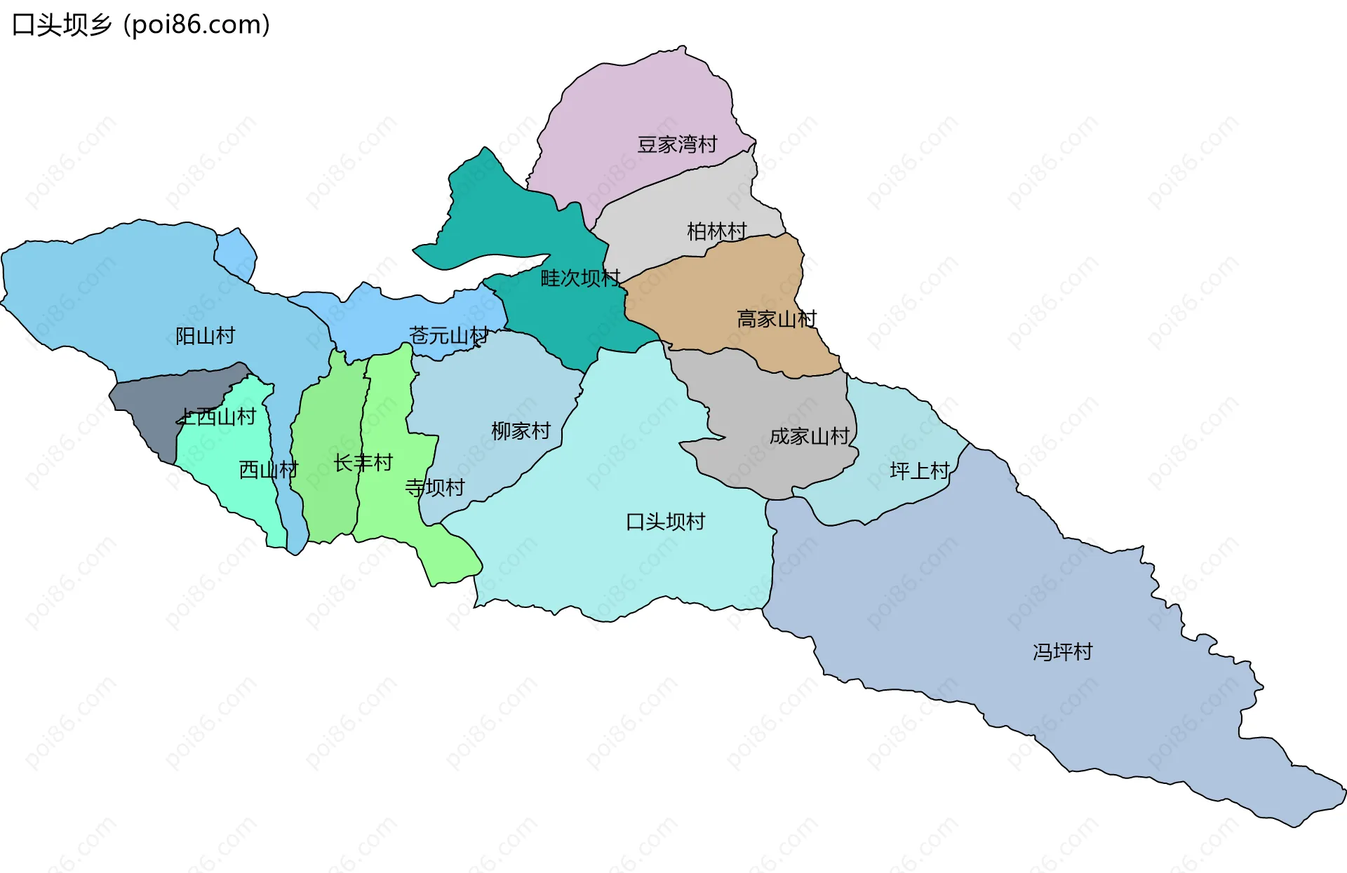 口头坝乡边界地图(五级行政区划)